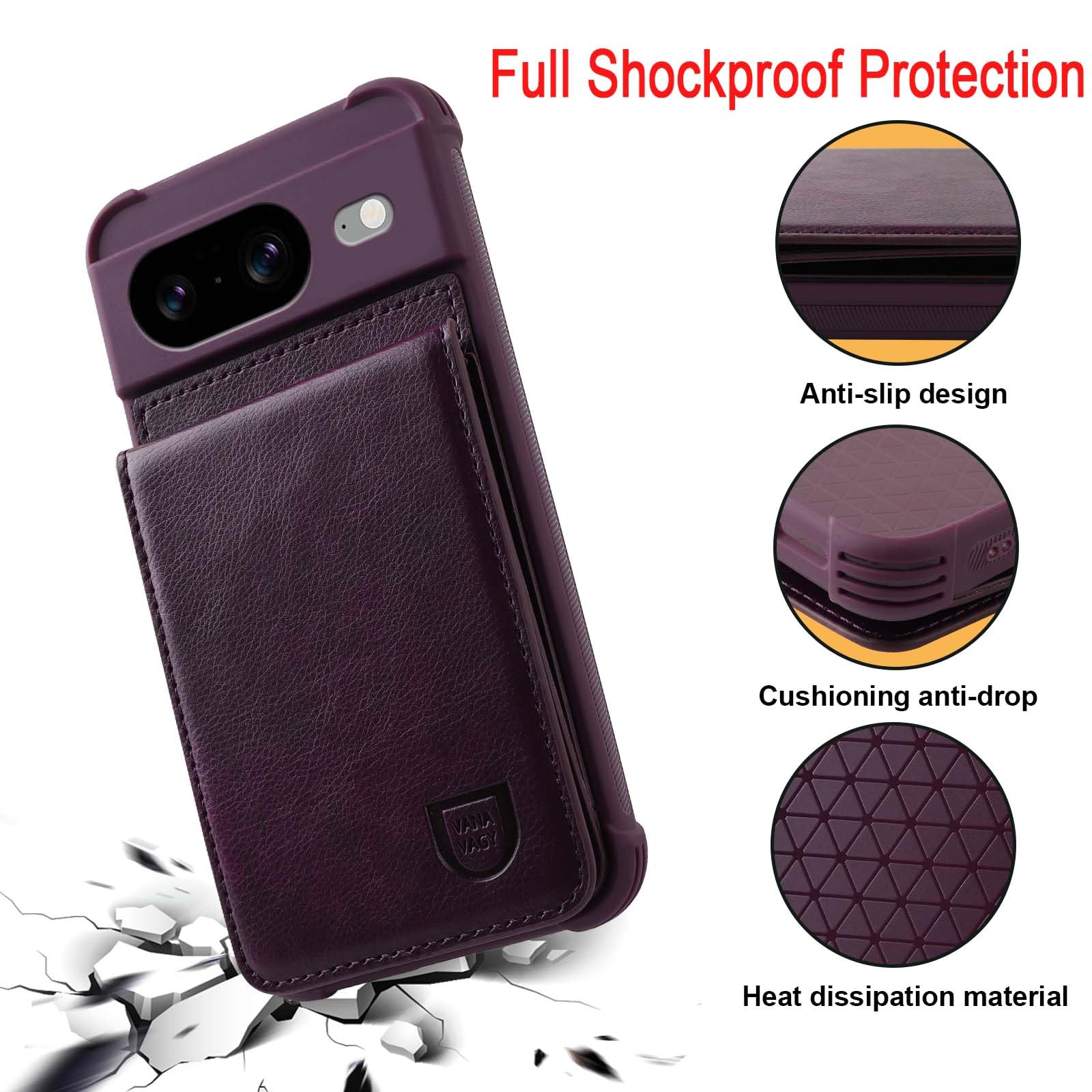 VANAVAGY Compatible for Google Pixel 8 Wallet Case for Women and Men,Leather Magnetic Clasp Flip Folio Phone Cover with Credit Card Holder and Coin Pocket,Purple