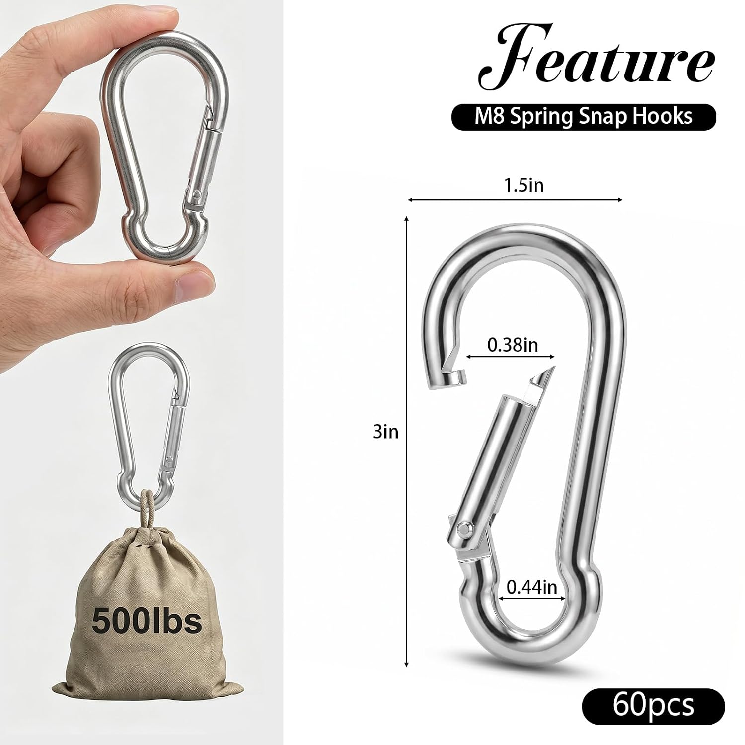 60 Pcs 3" Spring Snap Hook, M8 5/16" Heavy Duty Carabiner Clips Galvanized Steel Quick Link Carabiner Clip 500LBS Holding Capacity Spring Clips for Hammock Swing Gym Outdoor Travel