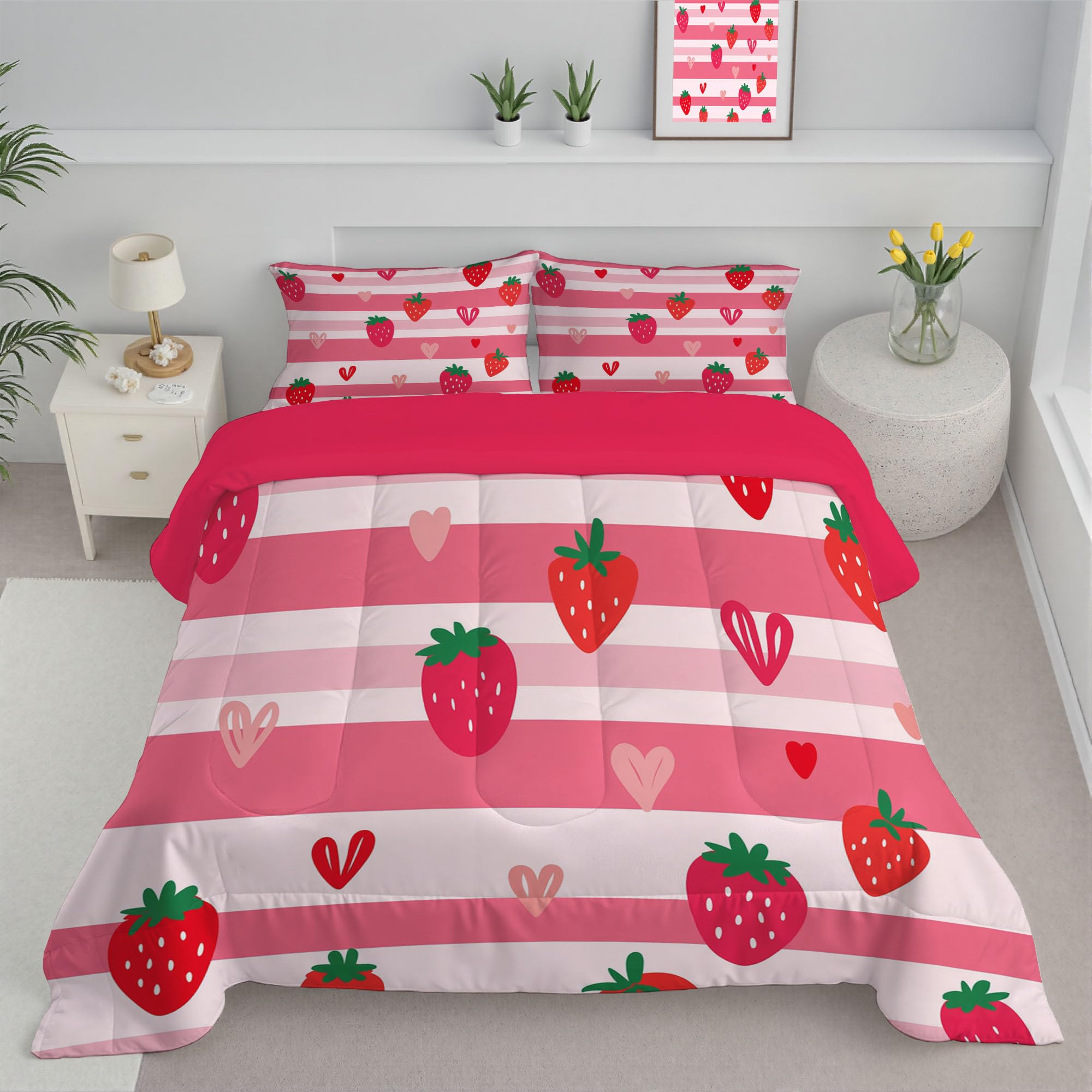 Edredón ligero reversible 200x200 de plumón sintético suave con estampado de fresas