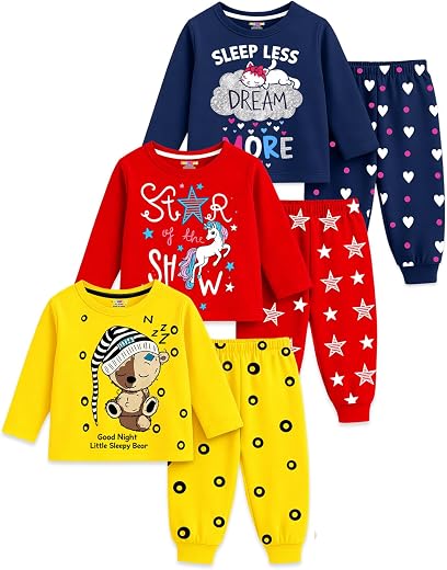 Kuchipoo Girls Cotton Night Suit Set | Full Sleeve Printed Top & Pajama | Soft & Breathable Sleepwear | Comfortable Elasti...