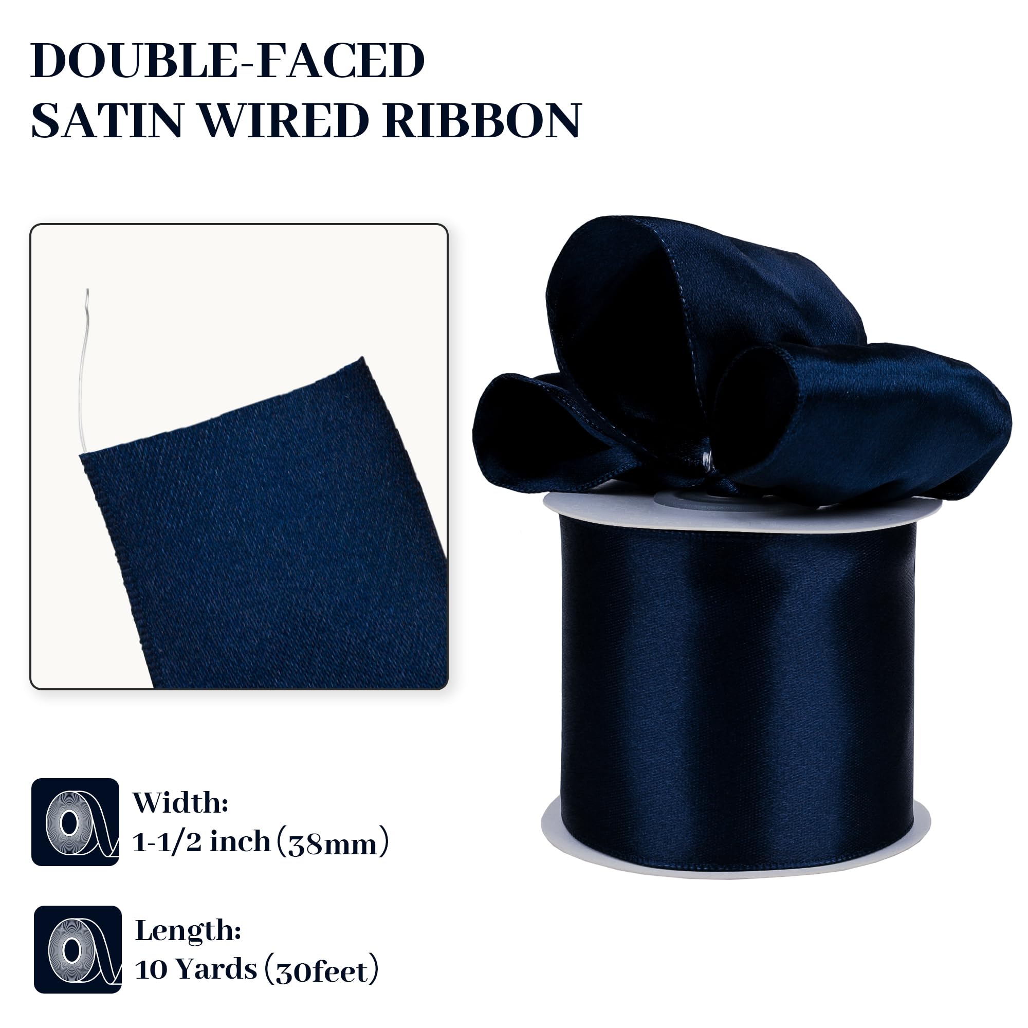 Kryvus Navy Blue Satin Wired Ribbon, 38mm X Continuous 9M Luxury Double Faced Satin Wire Edge Ribbon for Gift Wrapping, Wreaths, Flower Bouquet, Wedding Decorations, Home Decor - Image 2