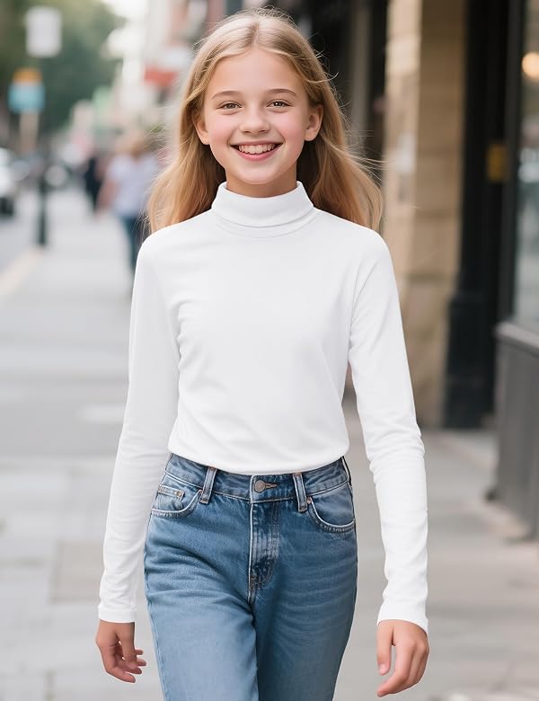 Auranso Girls Long Sleeve Shirts Kids Turtleneck Solid Color Turtle Neck Basic Warm T-Shirt White 7-8 Years by Auranso - Image 3