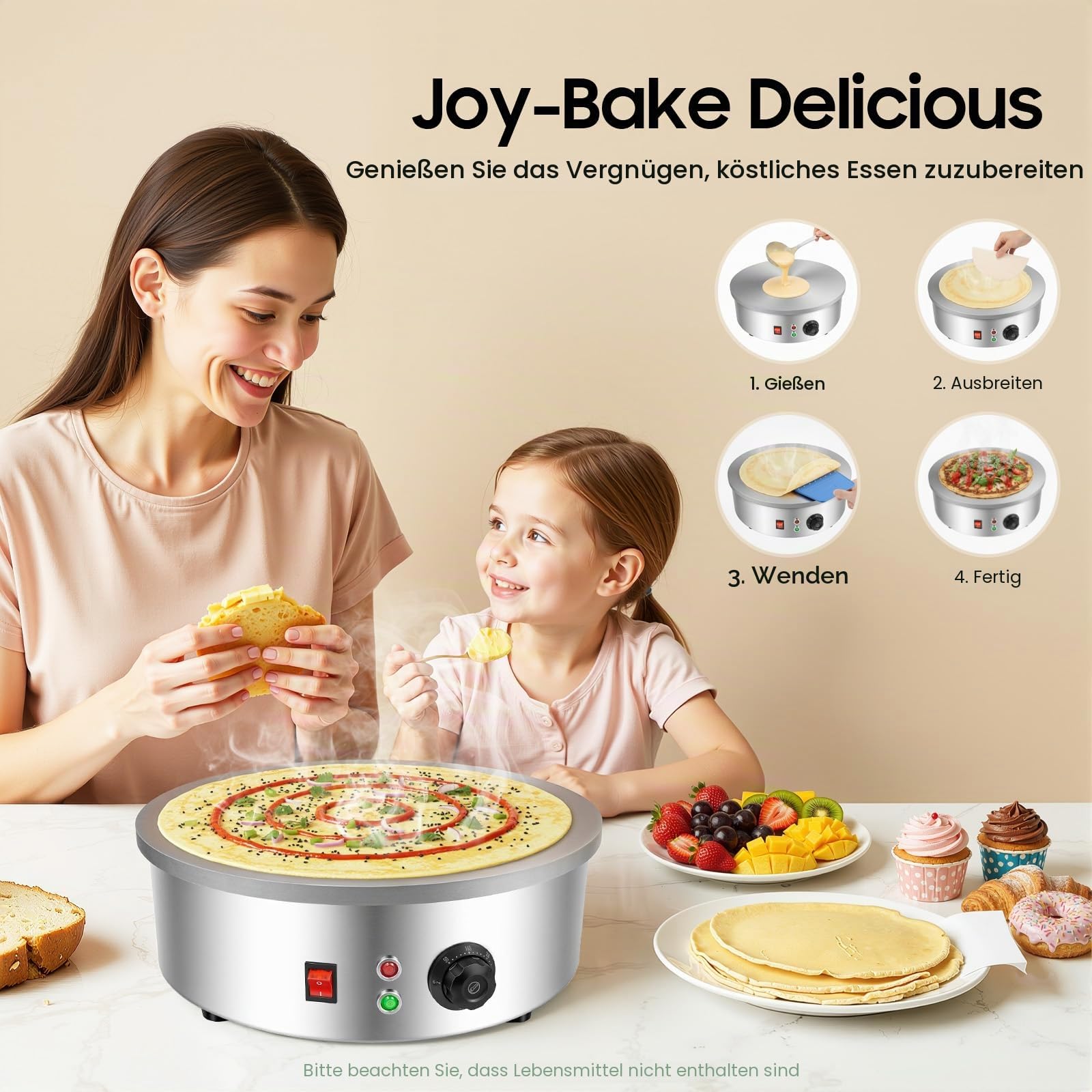 Crepes maker Große Backfläche mit 45cm Ø, 220V 3000 W Gewerbe Profi Crêpes Maker Machine Pfannkuchen Maker Antihaftbeschichtete Platte 50-300℃ Temperature für Crepes, Pancakes & Tortilla