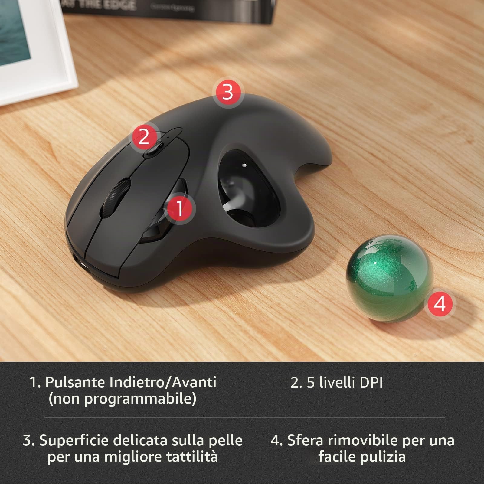 Nulea M501 Mouse Trackball senza fili, mouse ergonomico ricaricabile, tracciamento preciso e fluido, connessione a 3 dispositivi (Bluetooth o 2.4G), compatibile con PC, laptop, Mac, Windows.