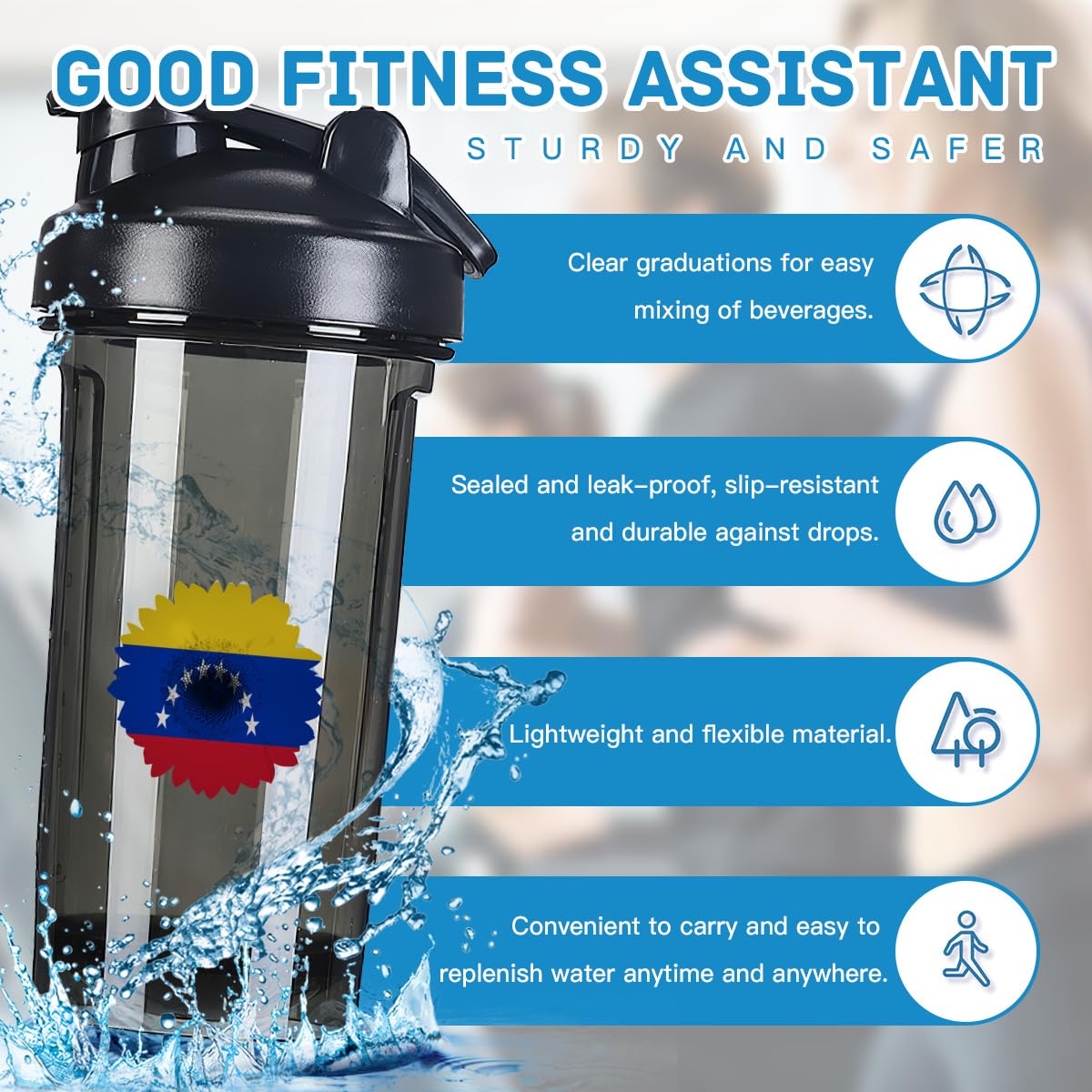 Flower Venezuelans Flag 18 Ounce Shaker Bottle Drink Mixer Leak-proof Pre Workout Protein Shakes Meal Replacement Shakes Bottles 500ML/18 Oz Black