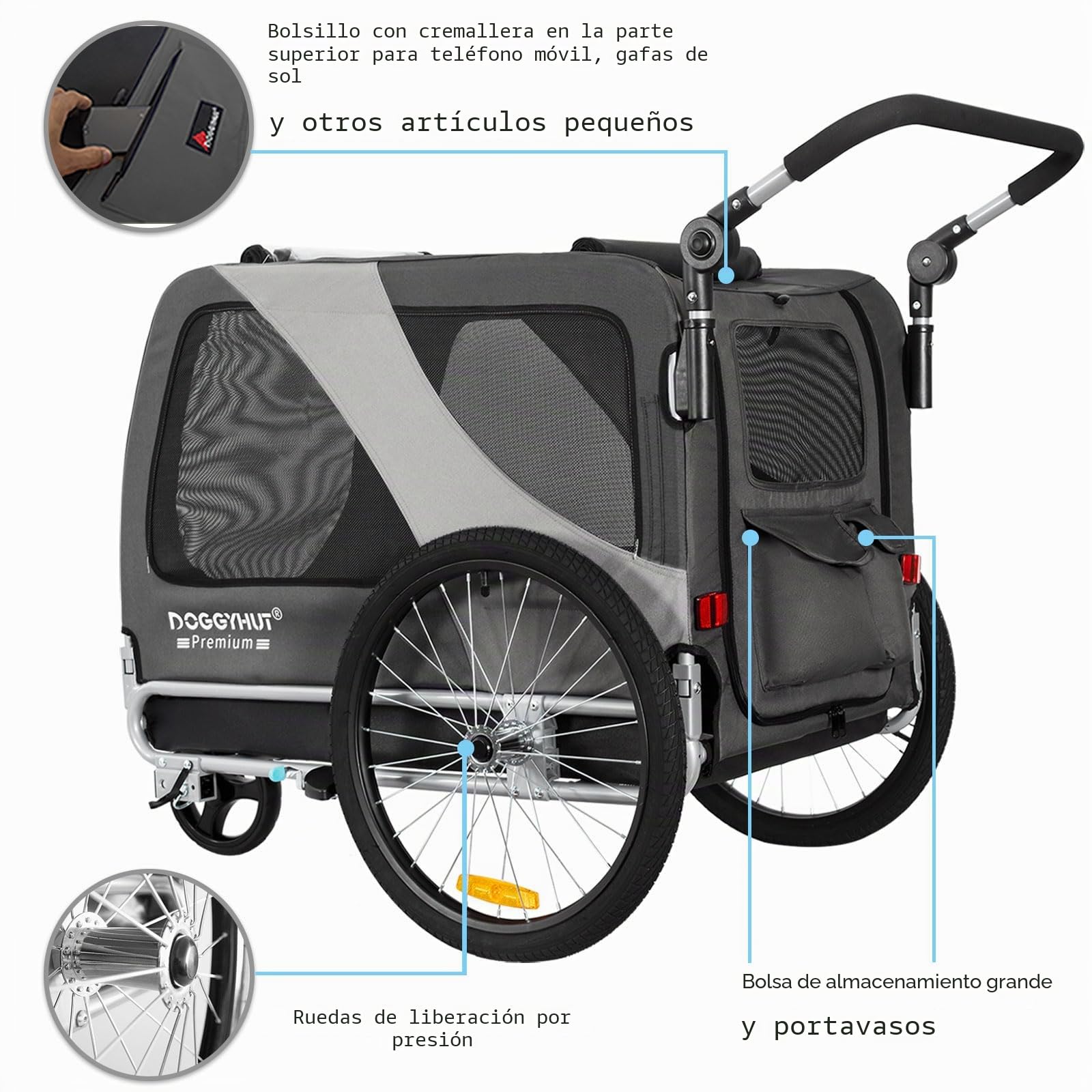 DOGGYHUT® Premium XL 2 en 1 Remolque de bicicleta para perros y corredores, 23 – 45 kg, remolque de bicicleta para perros, para bicicleta 80106 (gris)