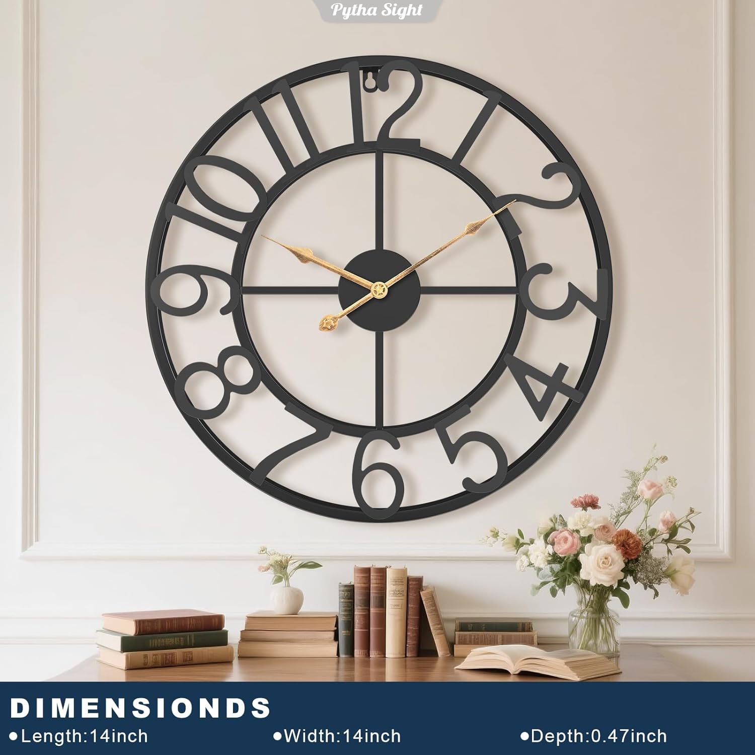 14 inch large wall clocks for living room decor,big silent battery operated metal wall clock,rustic modern farmhousearabic numerals wall clock for kitchen,office,bedroom,dinng room black arabic 14 inch
