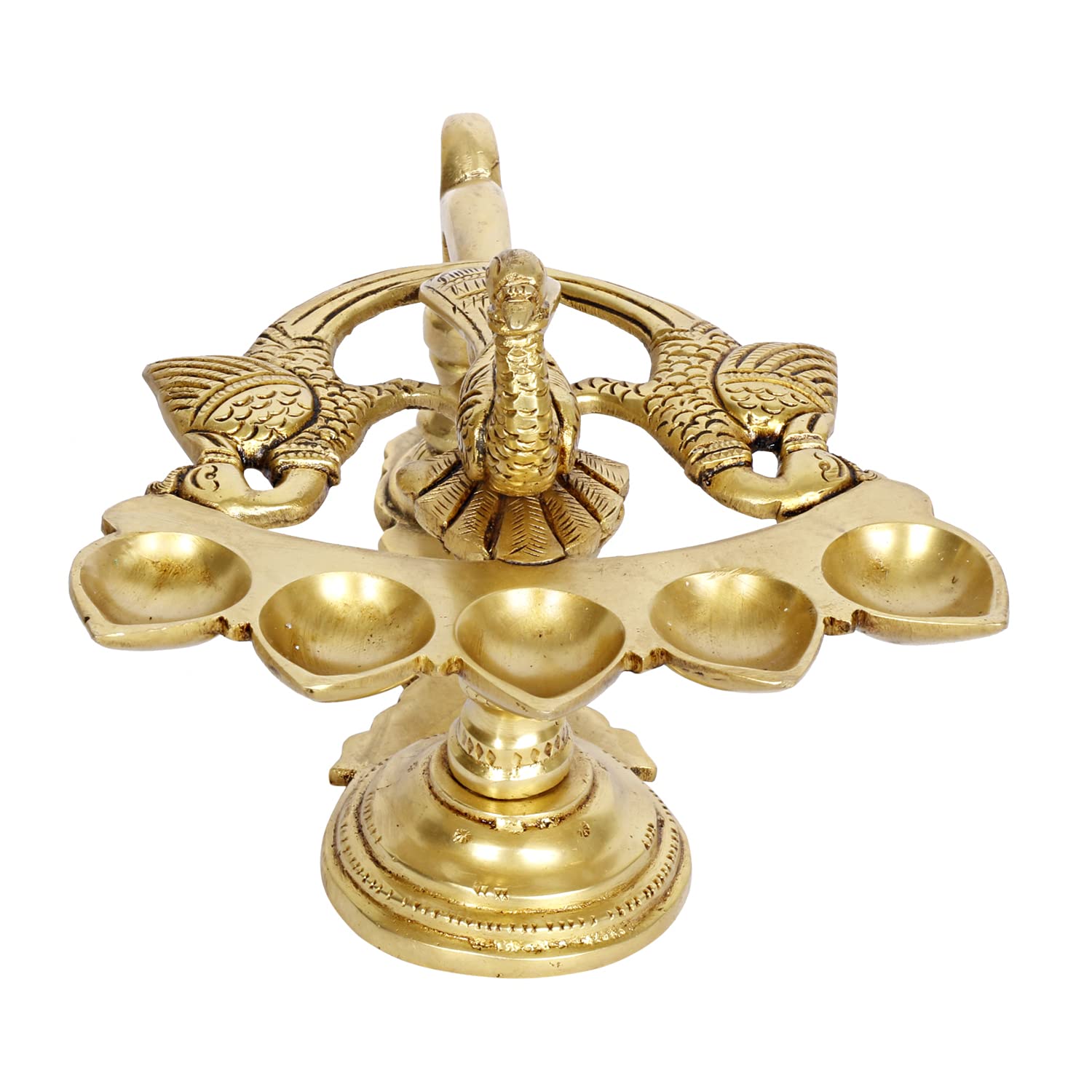Artvarko™ Paw ptak wzór 5 olejnych knotów mosiężnych Panch Aarti Diya z uchwytem dekoracyjne akcesoria do pudży, lampa kamforowa Aarti do Navratra, Diwali Prezenty Wystrój domu 20 cm.