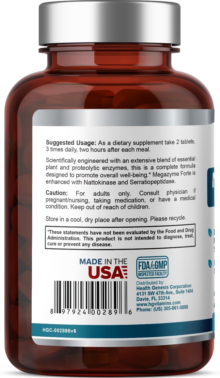Megazyme Forte 200 Tablets - Natural Plant Proteolytic Enzymes Nattozimes Serrazimes Supports Digestive System Immune Health