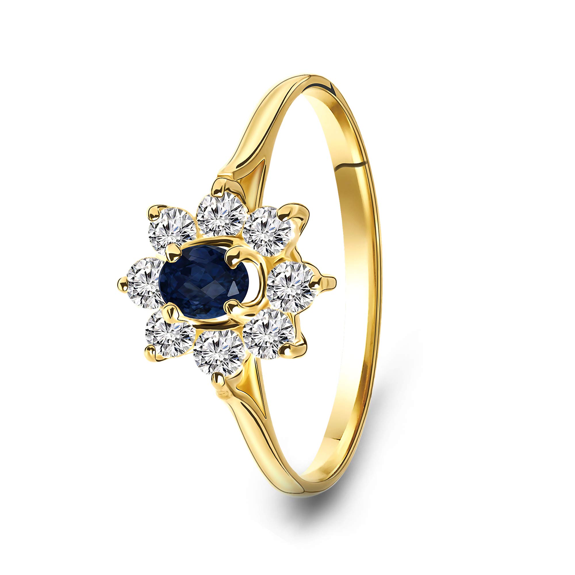 MIORE - Anillo de Compromiso para Mujer, Oro Amarillo 585 de 14 Quilates con Piedras Preciosas de Zafiro Azul y circonitas Redondas