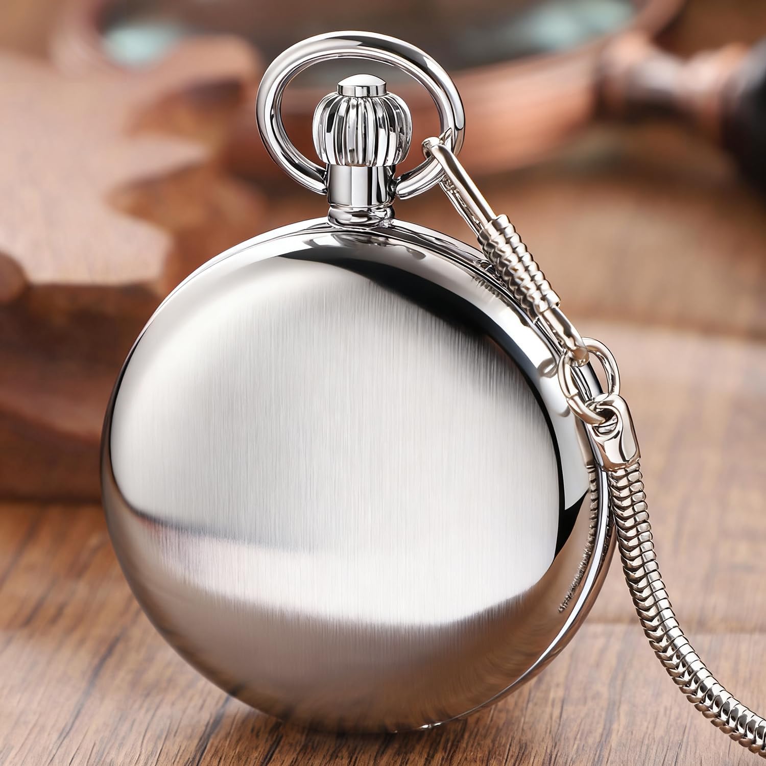 Tiong Orologio da taschino meccanico con doppia apertura, in argento, con quadrante bianco con numeri arabi, design classico
