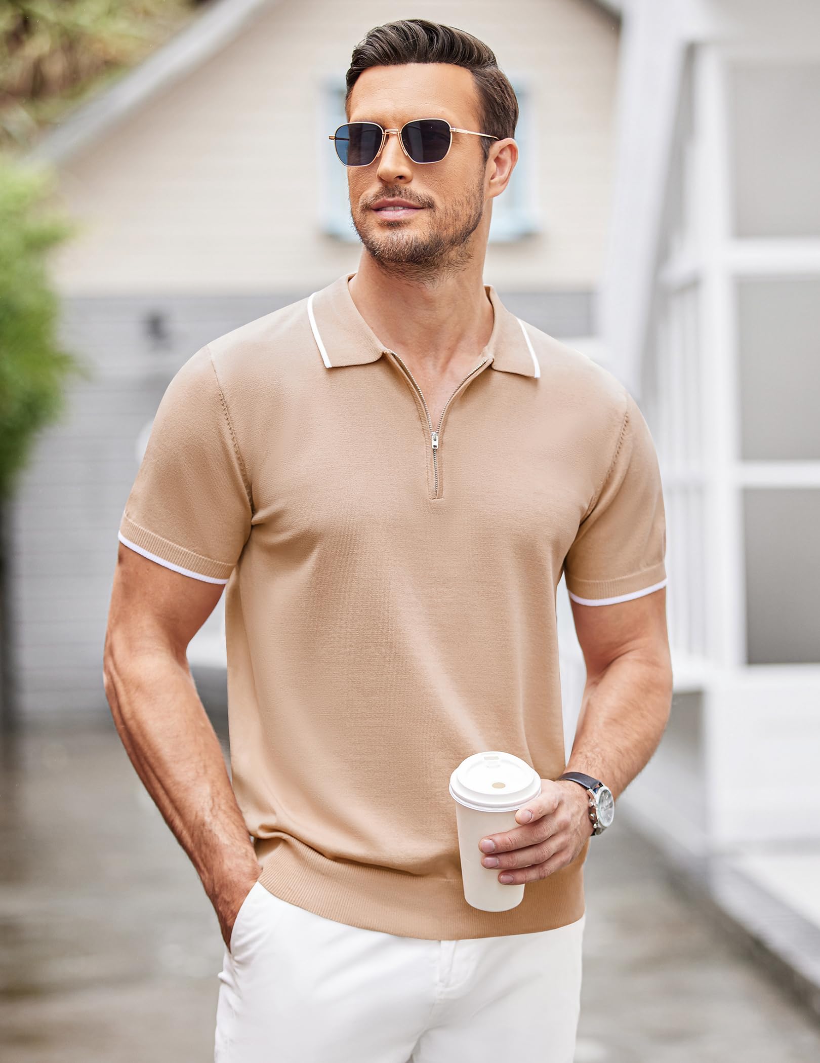 COOFANDY Polo de manga corta con cremallera para hombre, estilo informal