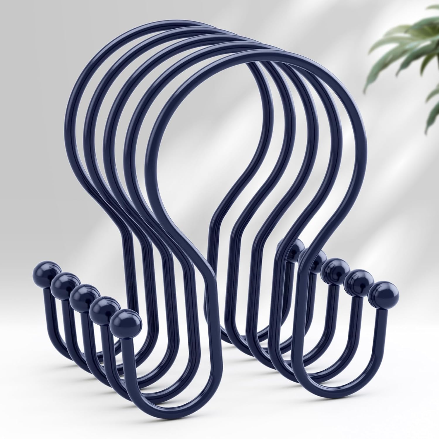 AmazerBath Shower Curtain Hooks Blue Shower Curtain Rings, Simple Double Hook Shower Curtain Hooks Rust Proof, Smooth Sturdy Metal Shower Hooks for Shower Curtain Rod, 12 Pcs Shower Rod Hooks Navy Blue Minimalist - Double Shower Hooks