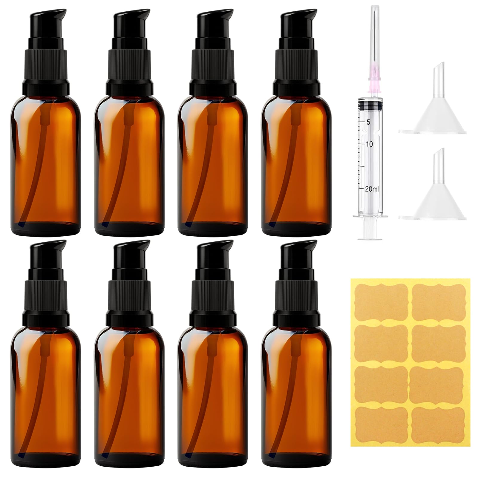 MirraSwit 8 Stück 30ml Leer Glasflaschen Braun, Bernsteinfarbene Glas-Lotion-Flaschen, Pumpflasch, mit Trichter, Spritze, Aufkleber für Aromatherapie, ätherische Öle, Creme, Kosmetik