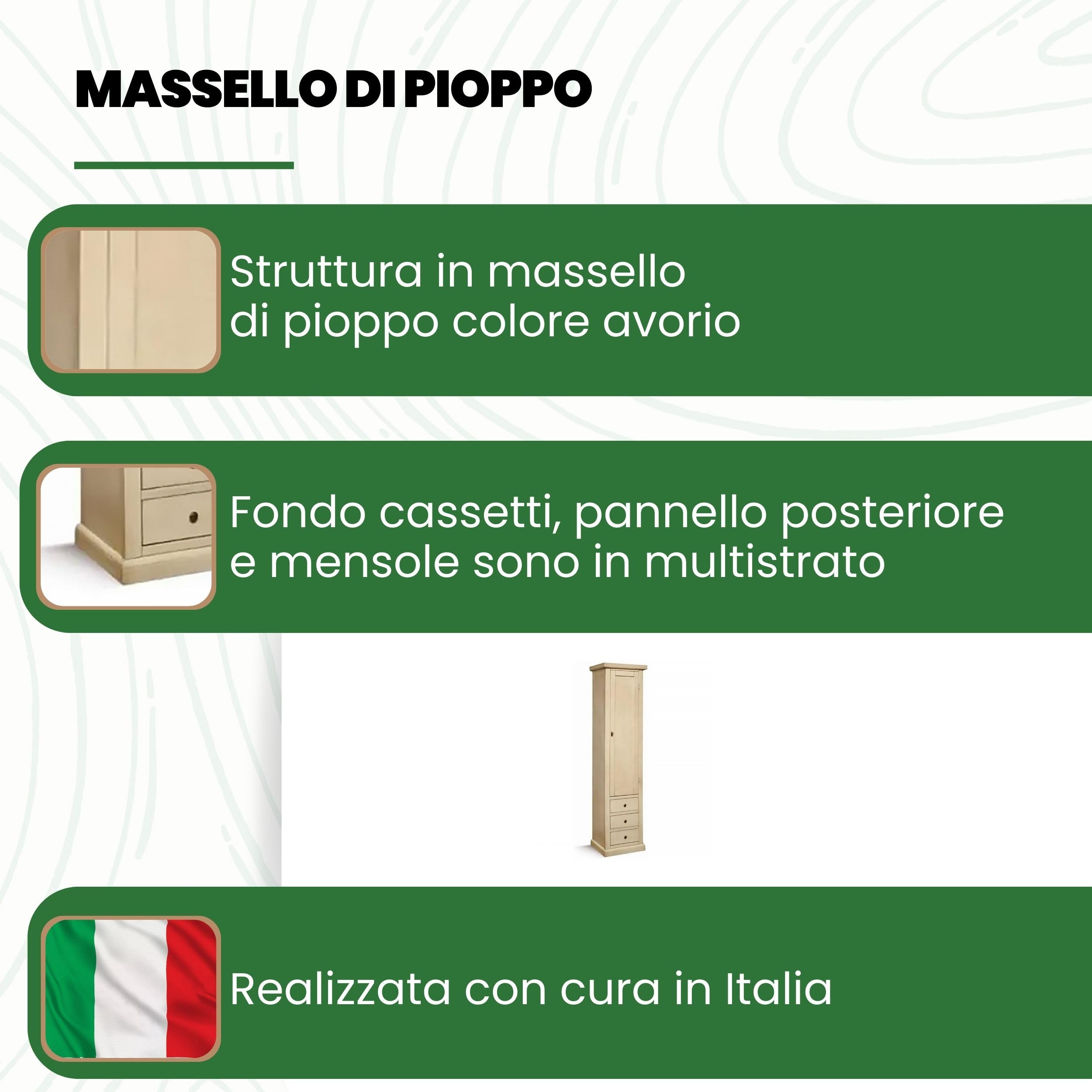 Mar.c.a. Design - Vetrinetta Arte Povera in Legno 45x41x187 cm - 1 Anta 3 Cassetti con Base Piatta - Made in Italy