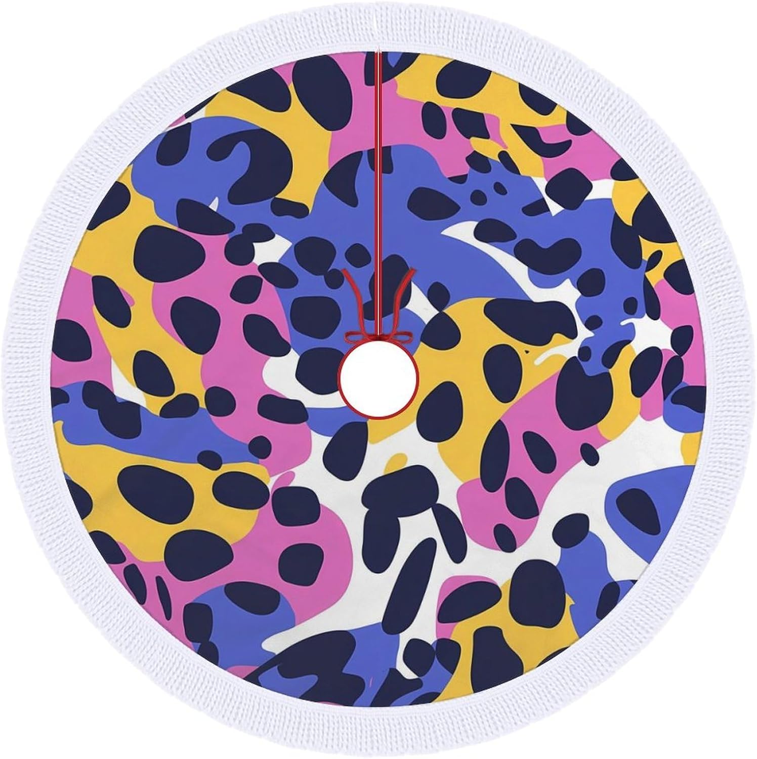 Leopard Christmas Tree Skirt Round Xmas Tree Mat Ornaments Tree Skirts with Tassels for Holiday Party