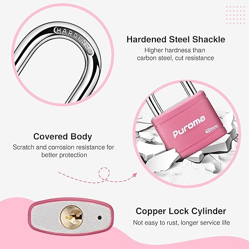 Miniatura 4 de Puroma Candado con llave con 2 llaves iguales, cerradura de casillero de 1.1 pulgadas, cerraduras de alta resistencia para puerta, cerrojo, caja de