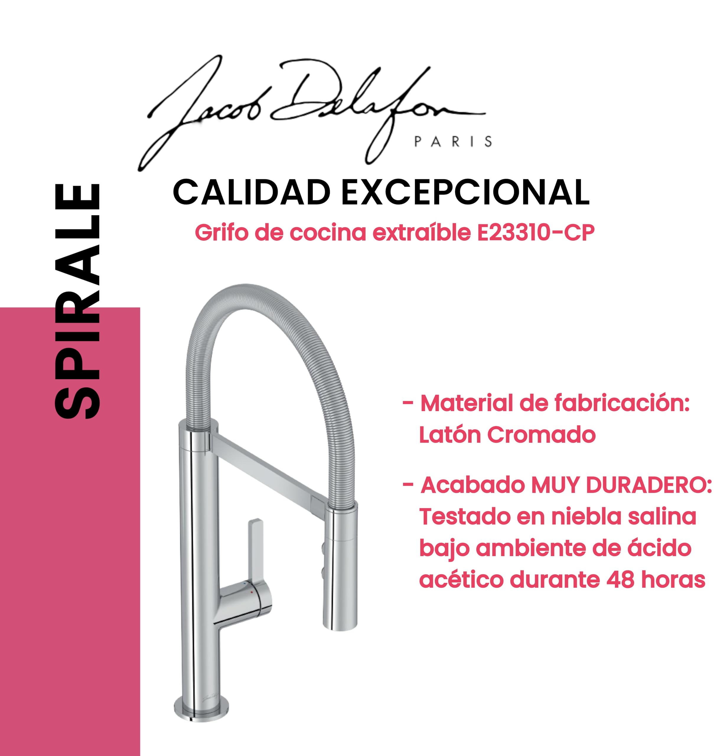 Grifo de cocina profesional Jacob Delafon Caño orientable 360 grados Ducha extraíble con 3 funciones Brazo magnético Ahorro de agua y de energía SPIRALE E23310-CP