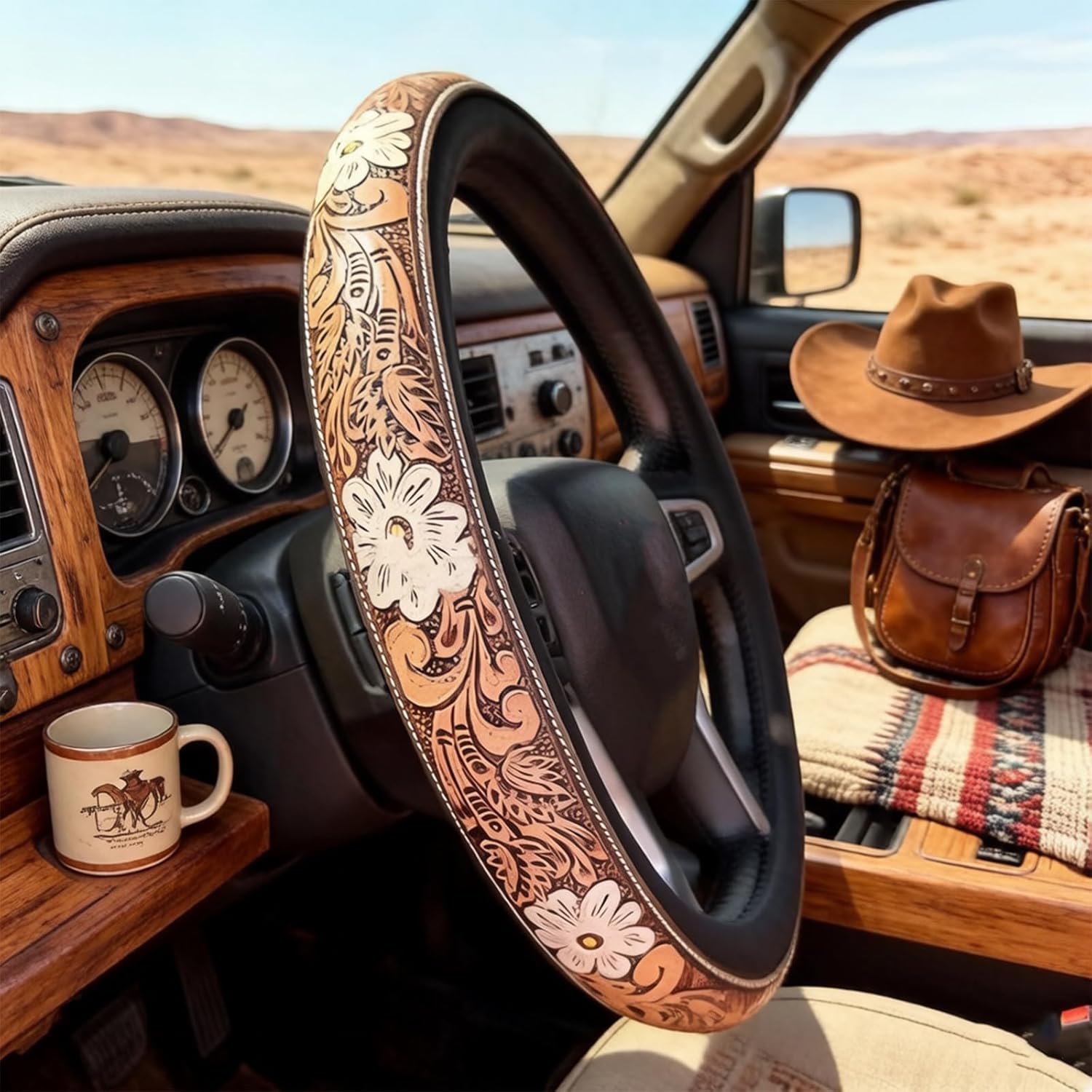Western Steering Wheel Cover, Tooled Hand-Painted Design, Anti-Slip Universal Fit For Suvs/Trucks, All-Weather Breathable Car Interior Accessory - Universal 15 Inch (C-3)
