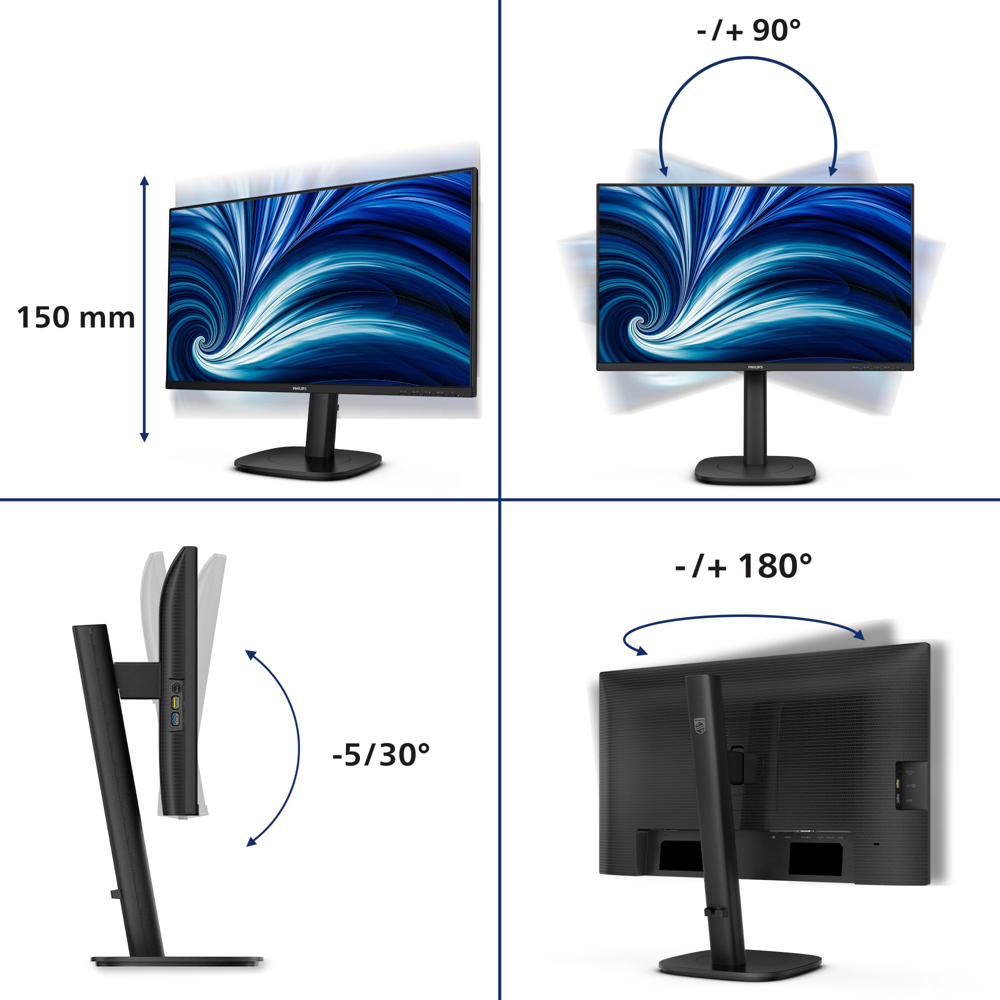 Philips Monitor 24B2N3200J 24 pollici 1920x1080, FHD, 120Hz, IPS Panel, 4ms GtG, USB Hub Speakers, Height Adjustment, (HDMI1x 1.4 DP 1x 1.2) Nero