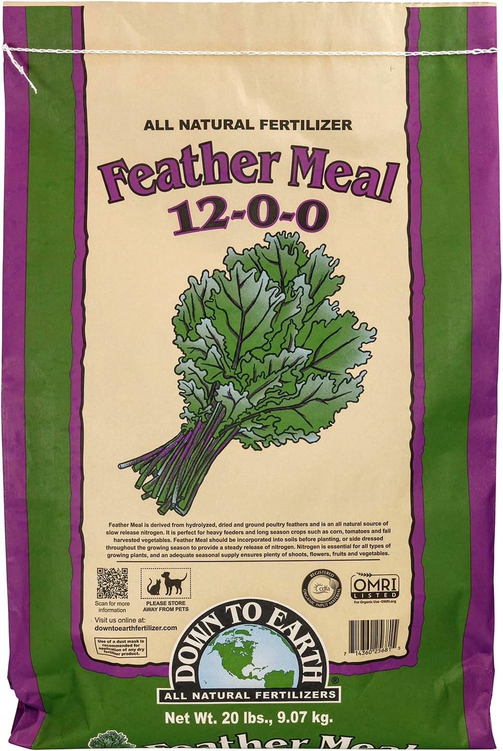Down To Earth All Natural Fertilizers Organic Feather Meal - Slow Release Nitrogen Plant Food for Green Growth 12-0-0, 20 lb