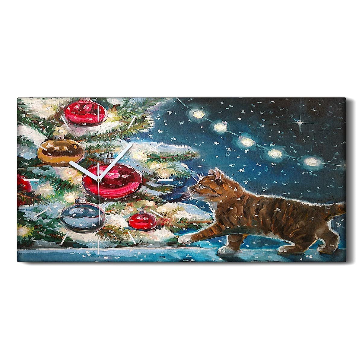Horloge sur Toile sans Bruit pour Sommeil Paisible Tableau Chaton Noël Coloray 60x30
