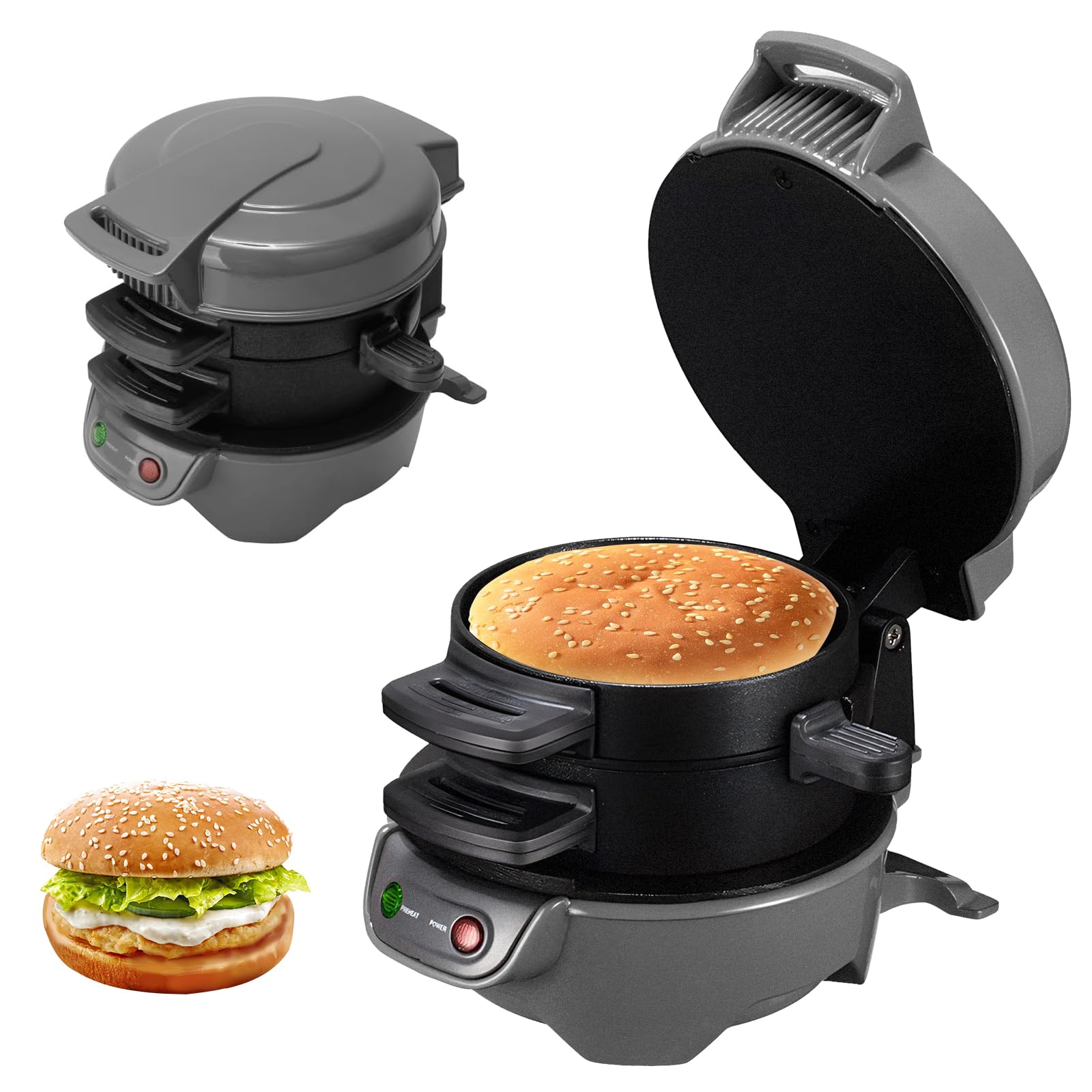 Appareils à Sandwiches, 600W Burger Maker avec revêtement antiadhésif, Grill Sandwich/Hamburger Avec Compte à Rebours Numérique, lavable au lave-vaisselle pour un petit déjeuner rapide (Gery)