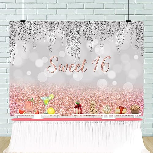 Miniatura 2 de Fondo de decoración de fiesta de oro rosa con el texto "Sweet 16", para niñas, cartel de cumpleaños para niñas, cartel de cumpleaños para