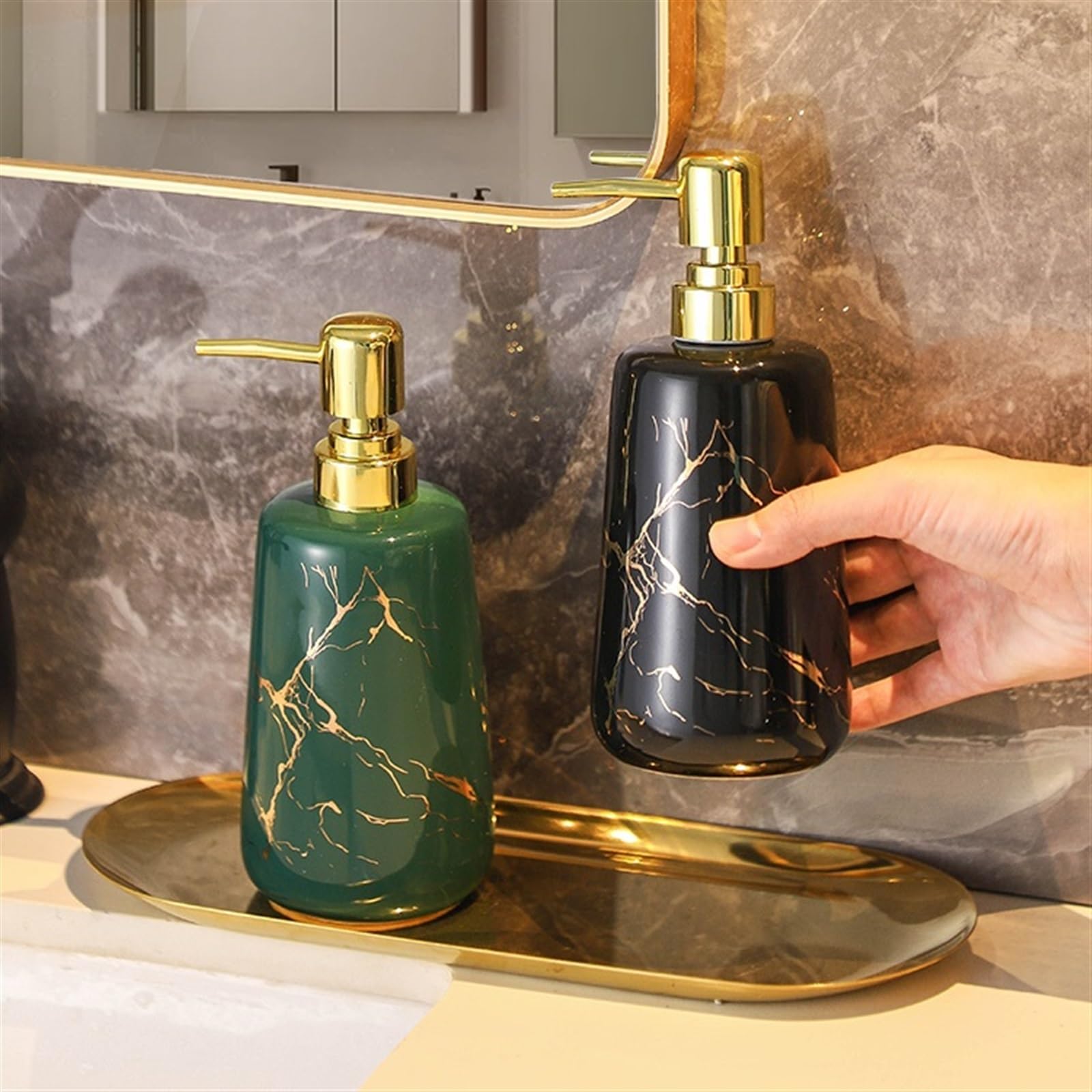 Dispensador de jabón cerámico con Textura de mármol y Bomba Dorada, dispensador de líquido Recargable para Cocina y baño (Verde L)