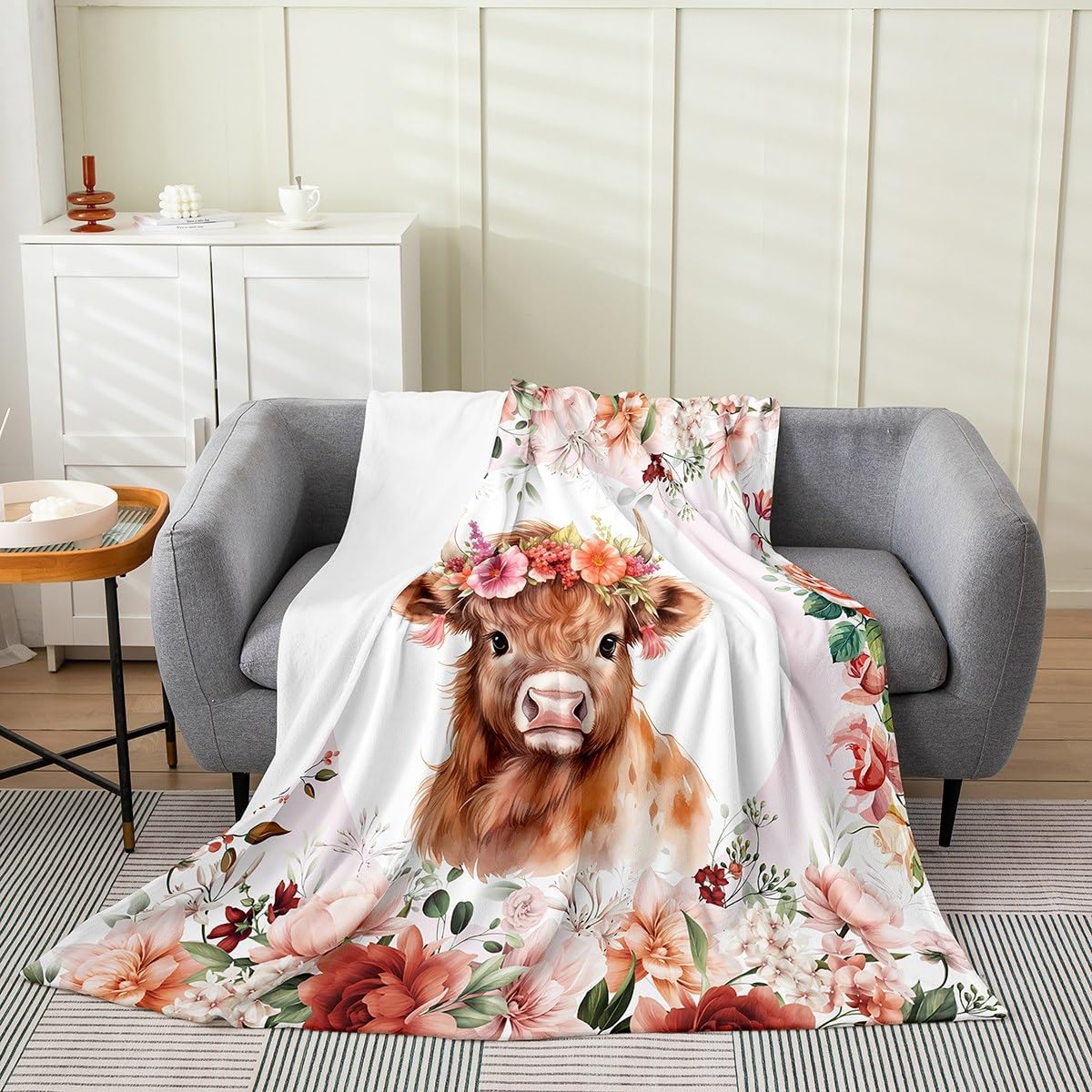 Feelyou Cute Highland Cow Flannel Fleece Throw Blanket 40"x50" Kids Cartoon Animal Plush Blanket for Boys Girls Teens Flower Floral Print Fuzzy Blanket Farm Zoo Garden Theme All Season Bed Blanket