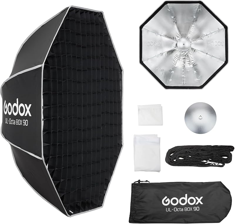 Godox UL-Octa Box Softbox octogonal de liberación rápida de 90 cm / 35 pulgadas | Softbox plegable Octa Bowens con rejilla y difusores, Kit de Softbox GODOX para Softboxes de iluminación de Flash de fotografía