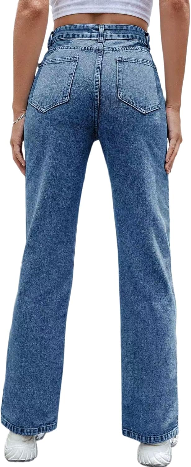 Straight Leg Jeans for Women Split Hem Classic Relax Fit High Waisted Stretchy Bootcut Jeans Denim Pants with Pockets - Image 2