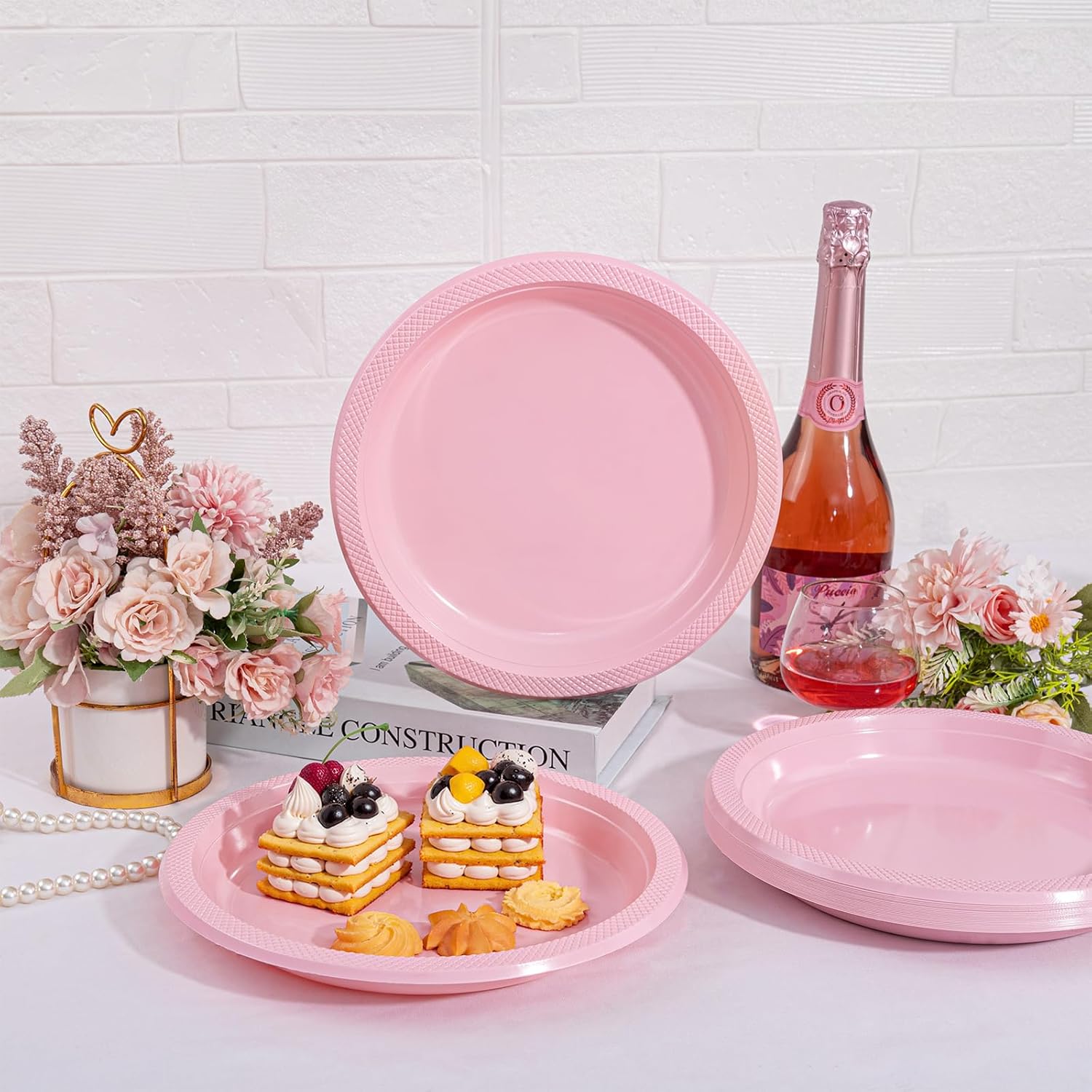WELLIFE Pink Plastic Plates 10 Inch -150 Count for Party, Disposable Plastic Party Plates for Valentine's Day Easter Mother's Day Baby Shower Dinner Dessert Cake Light Pink