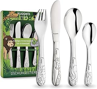 Kuppels Kinderbesteck mit Namensgravur – Kinder Besteck Set ab 3 Jahre, 4-teilig, Edelstahl, spülmaschinengeeignet – personalisiertes Taufgeschenk für Mädchen & Jungen, Dschungeltiere
