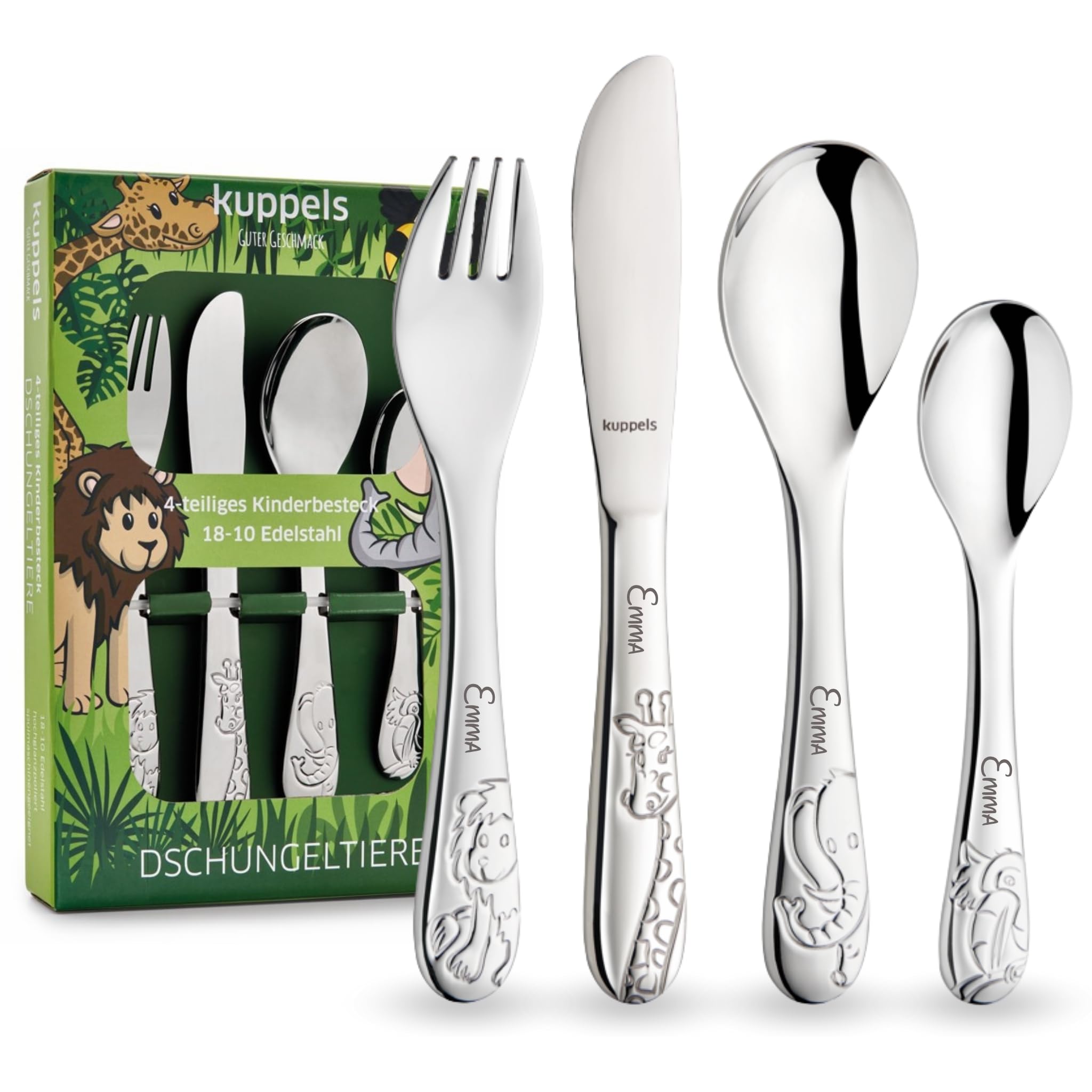 Kuppels Kinderbesteck mit Namensgravur – Kinder Besteck Set ab 3 Jahre, 4-teilig, Edelstahl, spülmaschinengeeignet – personalisiertes Taufgeschenk für Mädchen & Jungen, Dschungeltiere