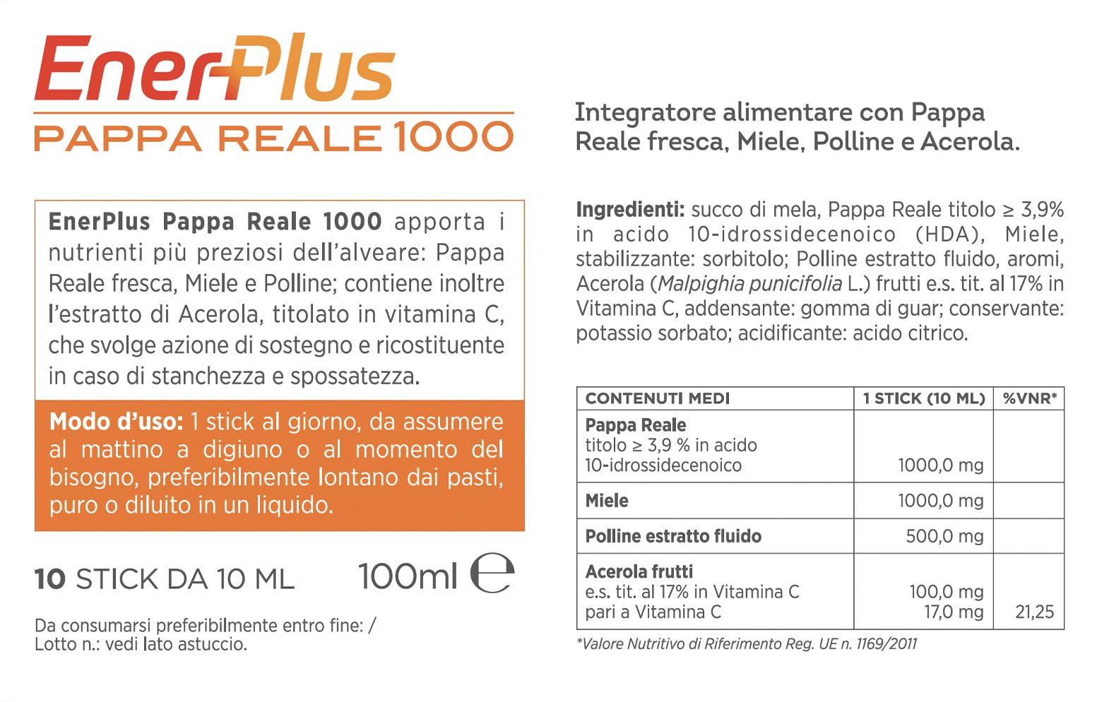ENERPLUS Pappa Reale 1000 Integratore Alimentare, Integratore Energetico per Azione Ricostituente e Di Sostegno, 10 Bustine da 10 ml