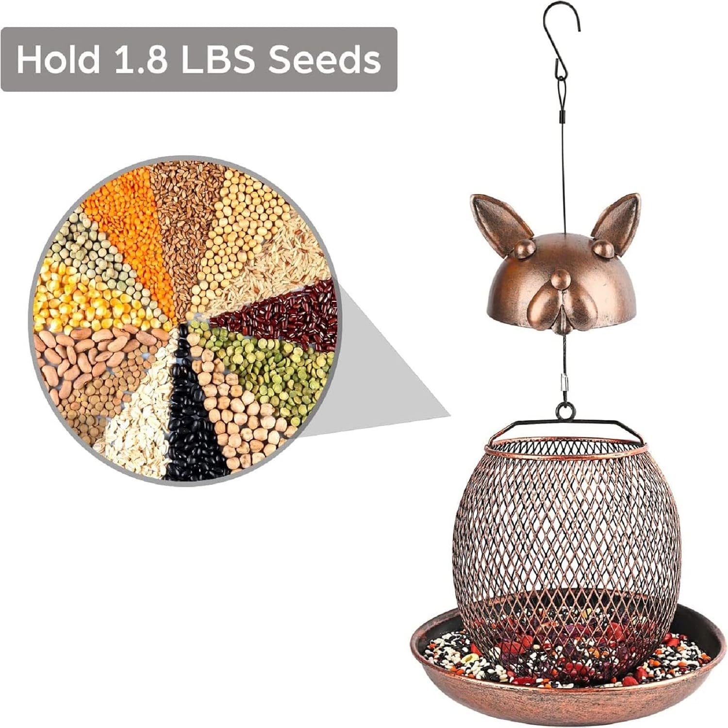 Bird Feeder, Wild Bird Feeder for Outdoors Hanging, Heavy Duty Metal Bird Feeder for Outside, Squirrel Proof Bird Feeders with Cute Rabbit Cover for Garden Yard Outdoor Decoration