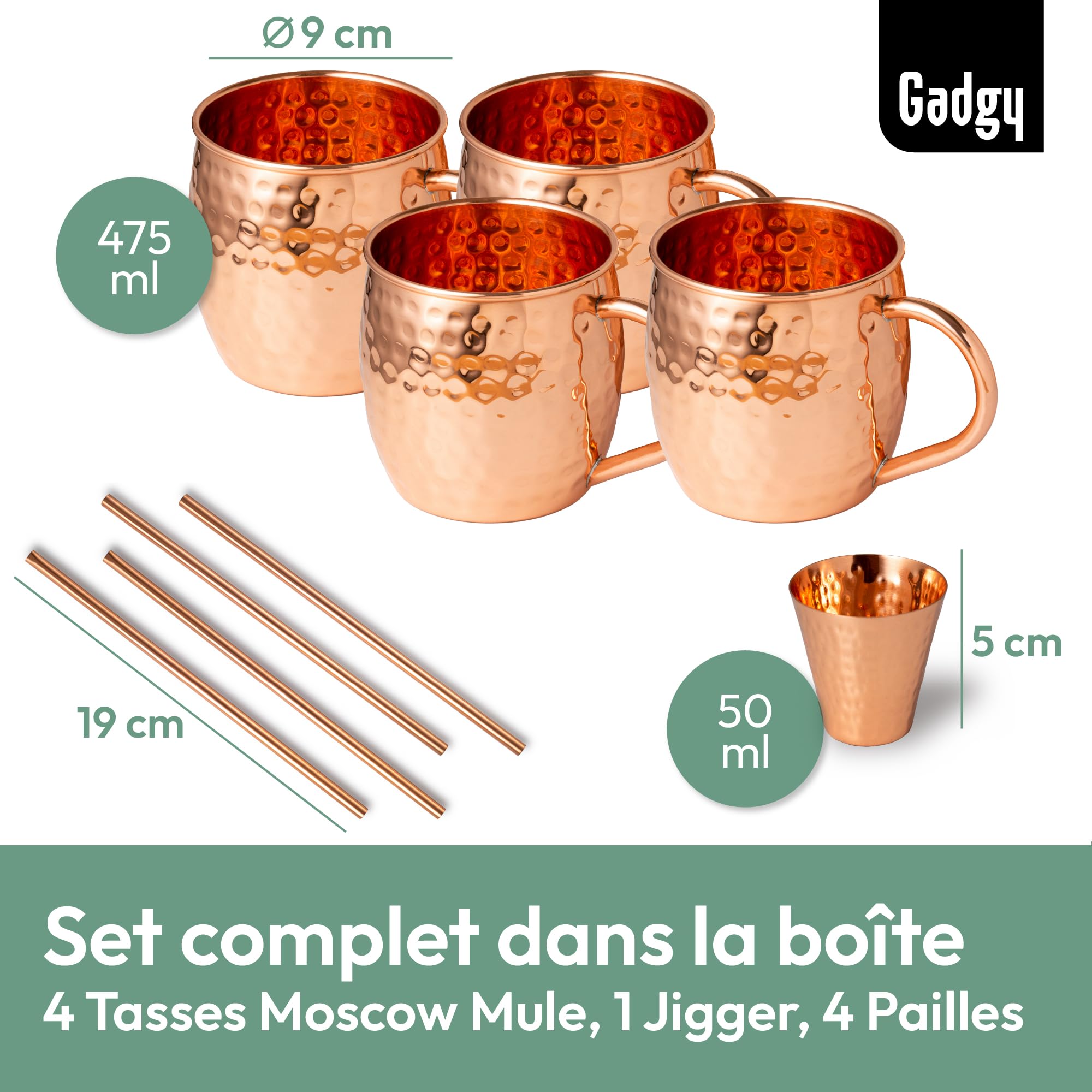 Gadgy Set Moscow Mule en Cuivre – Ensemble de Verres à Cocktail avec 4 Gobelets Fait Main – 4 Pailles et Doseur Inclus – Coffret Cadeau Premium