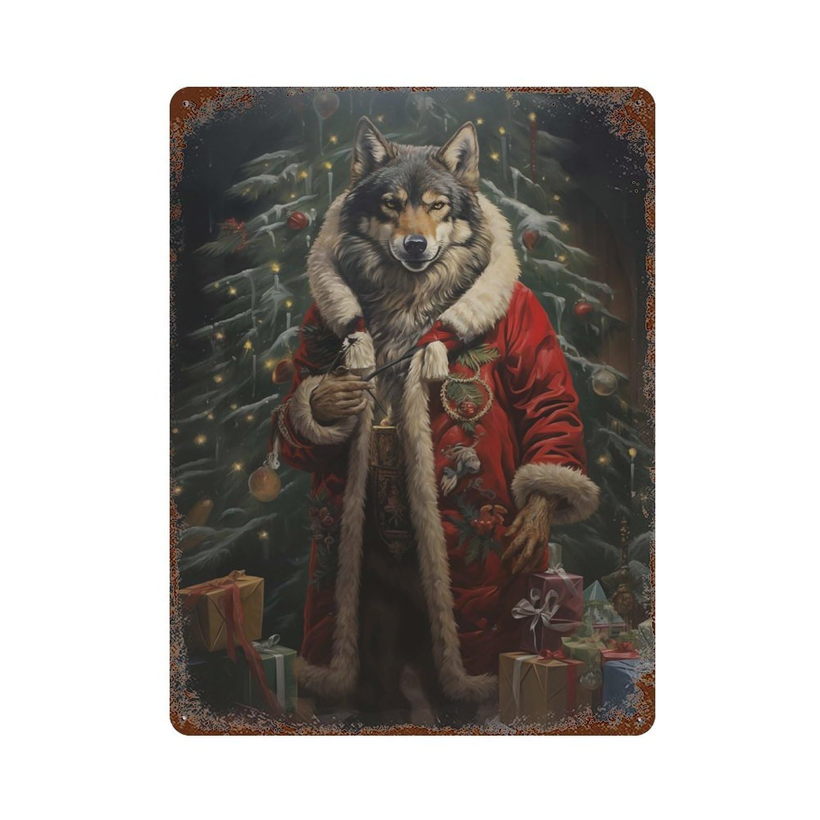 Jolly Wolf Christmas 15.7"x11.8" Vintage Rust Metal Sign, Shabby Chic Decor for Garage, Bar And Workshop Decor