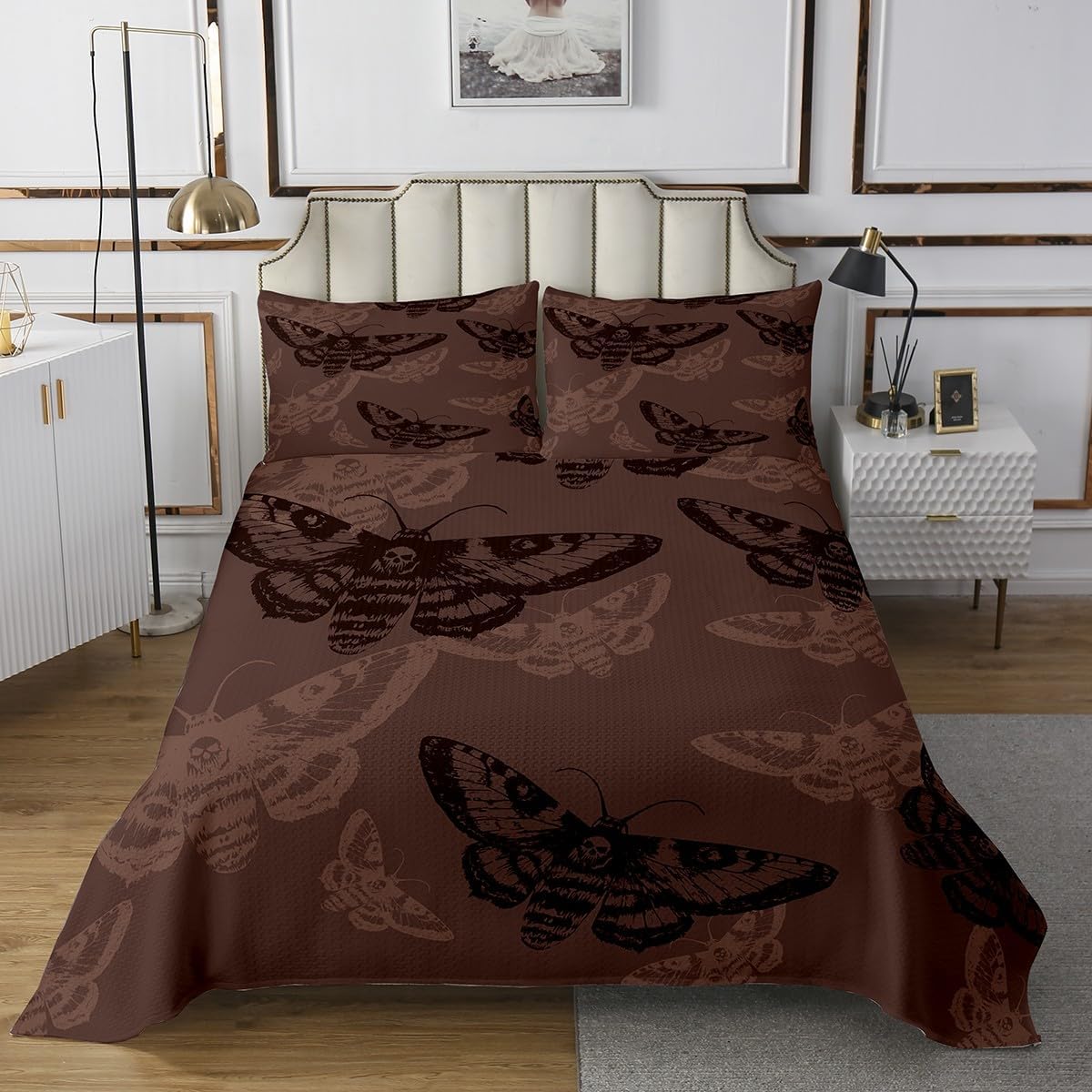 Boho Moth Bedspread Twin Size Boys Girls Dark Brown Gothic Skull Coverlet Set for Boys Girls Halloween Decorations Quilted Coverlet Breathable Soft Lightweight Microfiber Skeleton Bones Room Decor