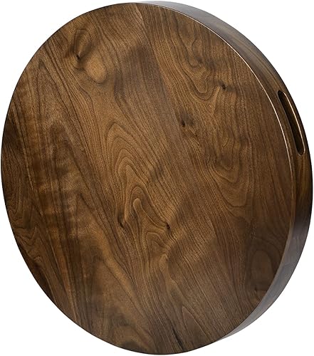 Miniatura 3 de Bandeja redonda de madera de nogal negro sólido de 20 x 20 pulgadas, bandeja de mesa otomana grande con asa, bandeja circular decorativa para mesa