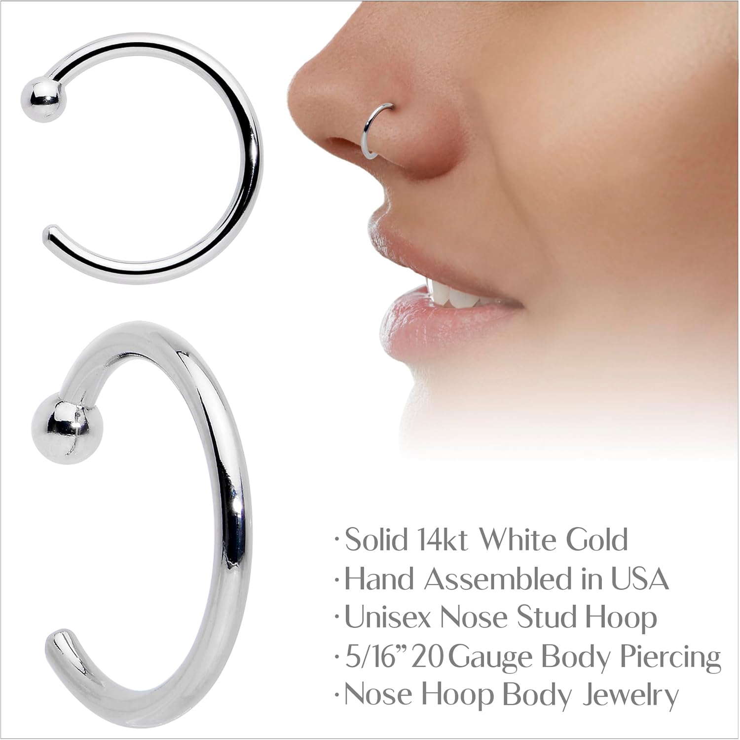 14k Solid Gold Nose Hoop Ring, Real Gold Hypoallergenic Nose Piercing Jewelry - Handmade in USA by Master Jeweler, 20 Gauge 5/16"