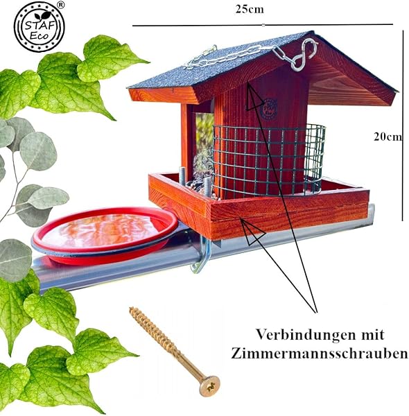 STAFECO® Comedero para pájaros para balcón, barandilla resistente a la intemperie, hecho a mano, para jardín o balcón, 30 a 60 cm (marrón claro) - 3