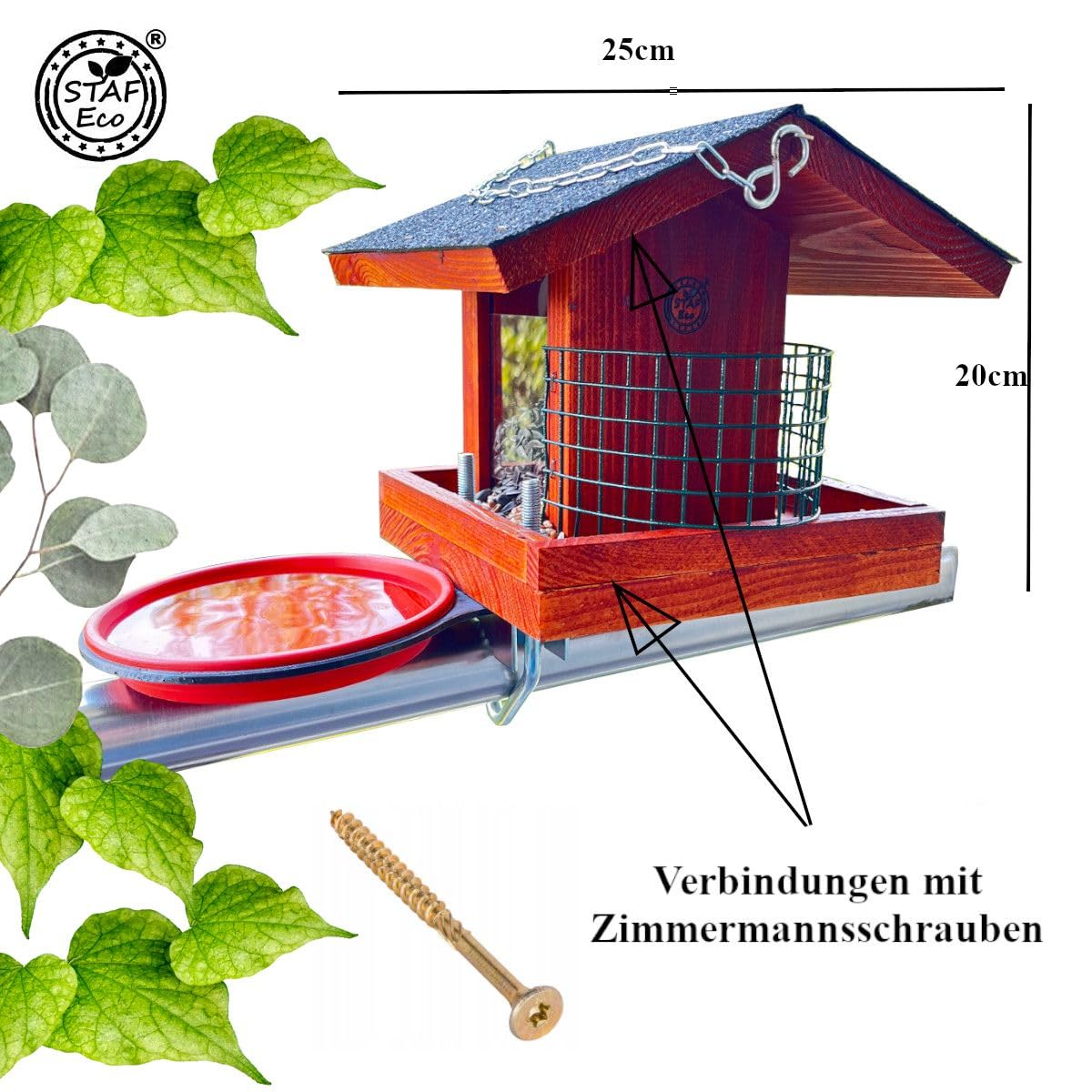 STAFECO® Comedero para pájaros para balcón, barandilla resistente a la intemperie, hecho a mano, para jardín o balcón, 30 a 60 cm (marrón claro) — view 3