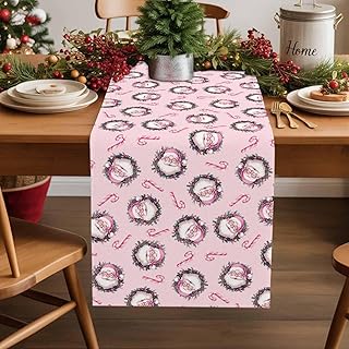 Table Runner Christmas Santa Claus Candy Cane Pink Pattern Non Slip Table Runners 72" Long for Kitchen Dining Party Home Decor Dresser Scarves Tabletop Decoration 14" x 72"