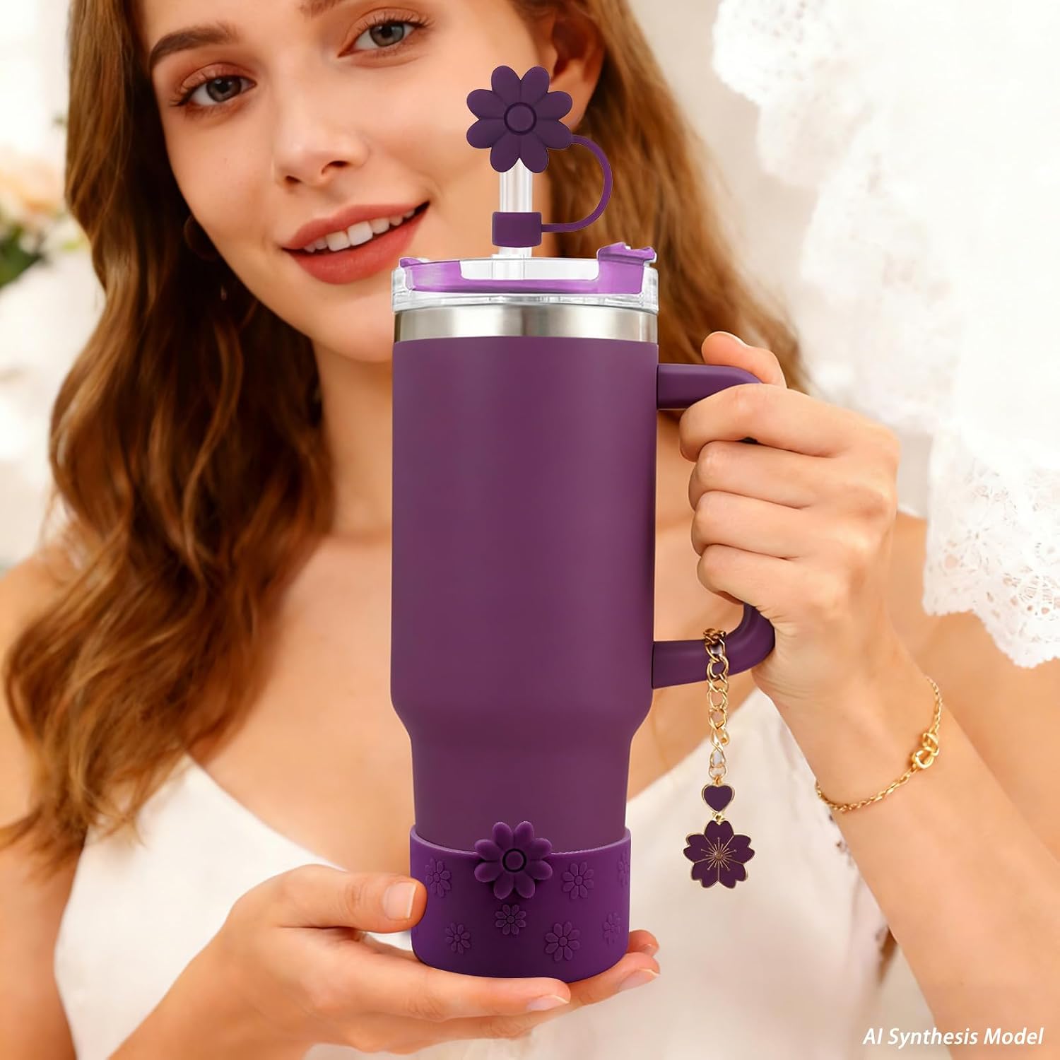 7Pcs Tumbler Accessories for Stanley Cup 40/30oz Tumbler with Handel Including Silicone Straw Cover Boot Spill-Proof Stopper Set Flower Handle Charm for Stanley Cup Accessories image 2