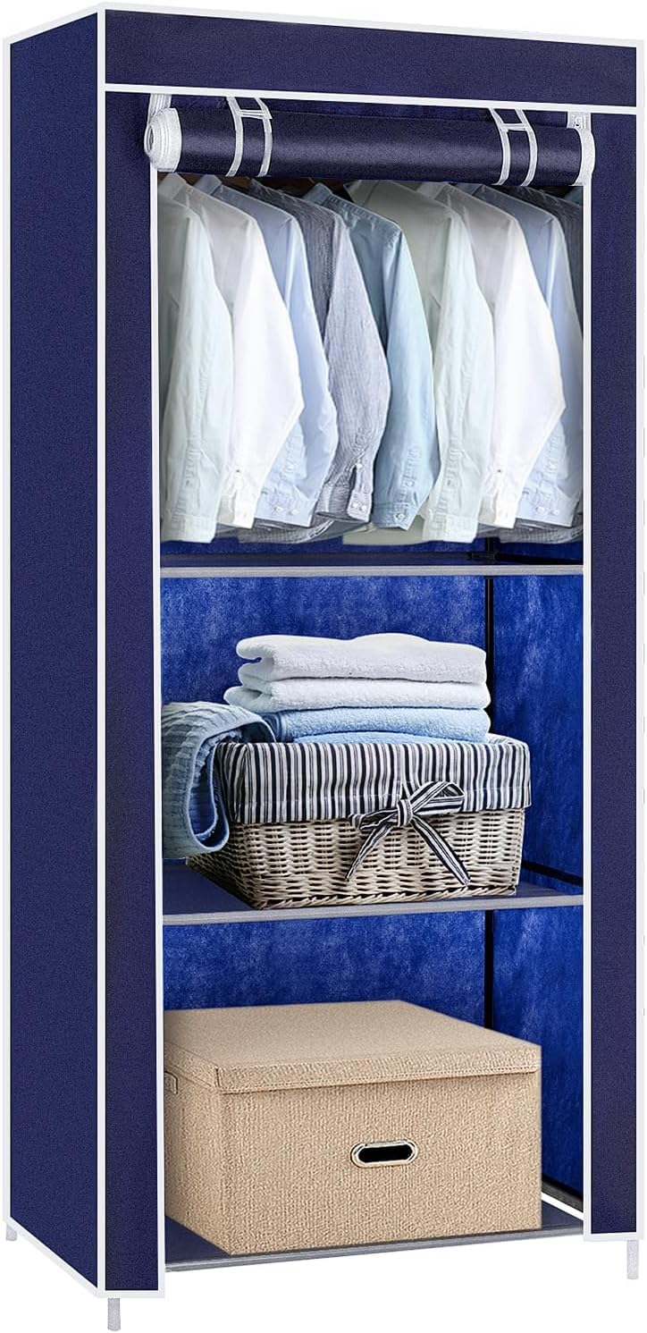 FERNVALEFoldable Canvas Wardrobe 68×45×158cm Fabric Wardrobes for Bedroom, Free-Standing Corner Wardrobe with Hanging Rail, No Assembly Required (Blue)