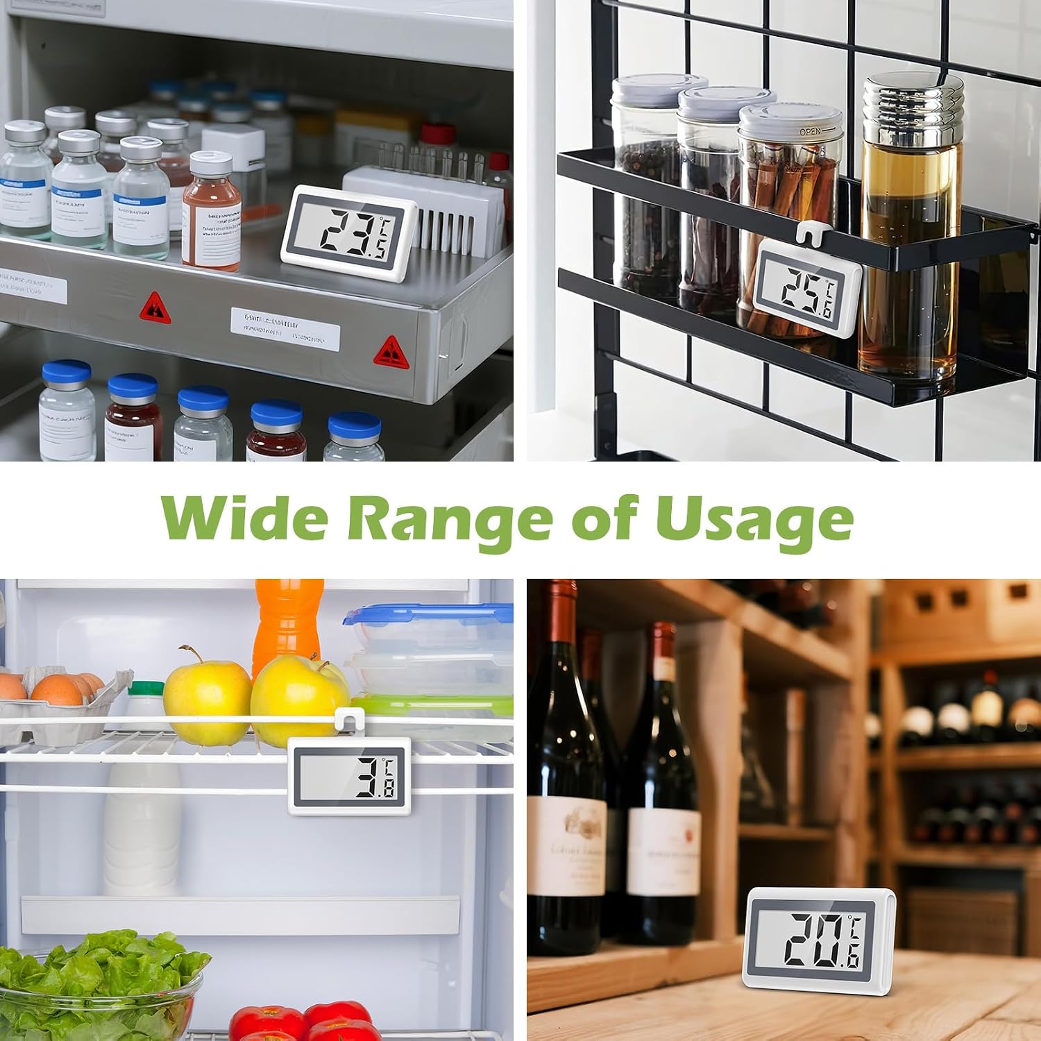 Various usage scenarios for KeeKit thermometer including laboratory, refrigerator, living room, and greenhouse