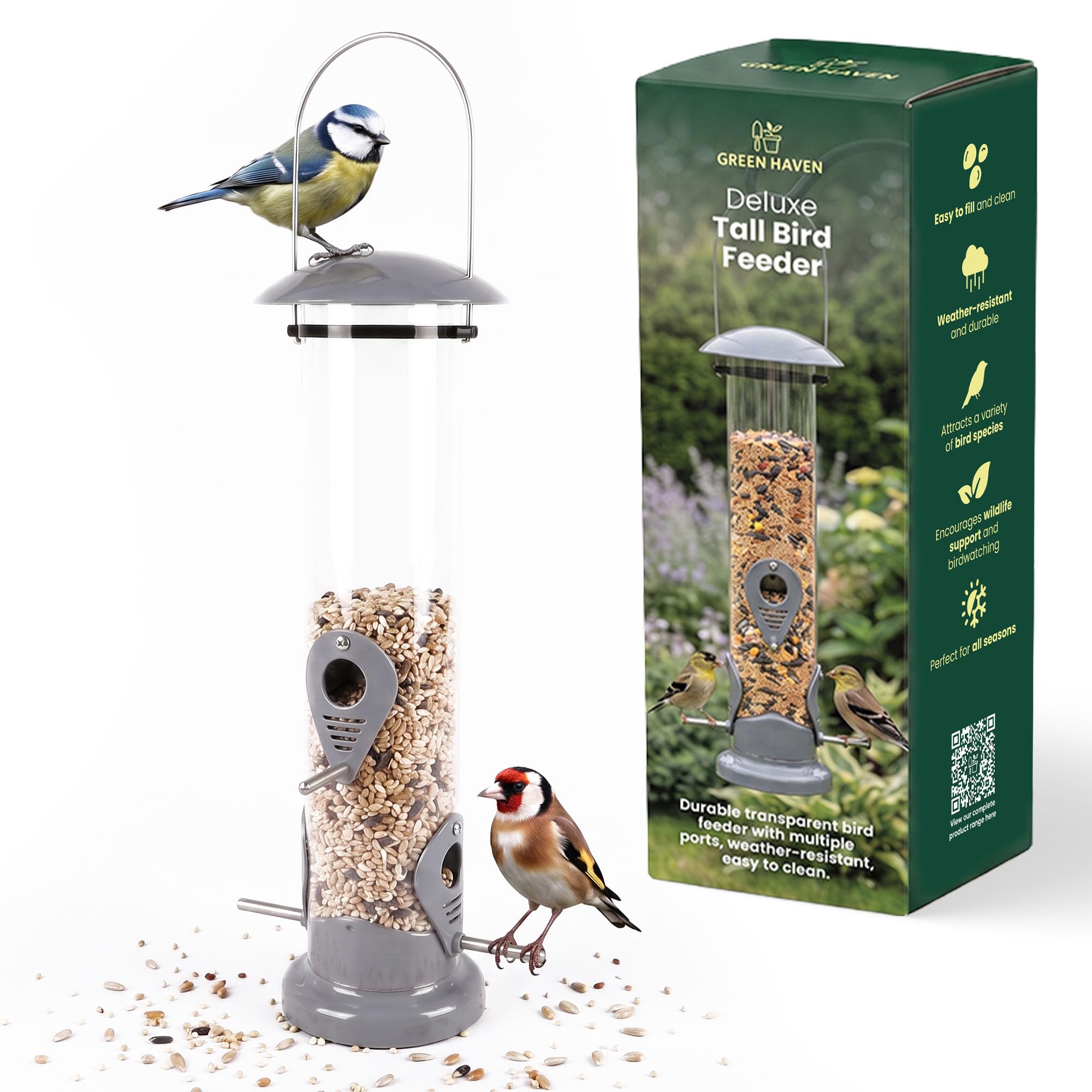 Green Haven Tall Bird Feeder 38.5cm, Clear Tube, Multi-Port, Hanging Design