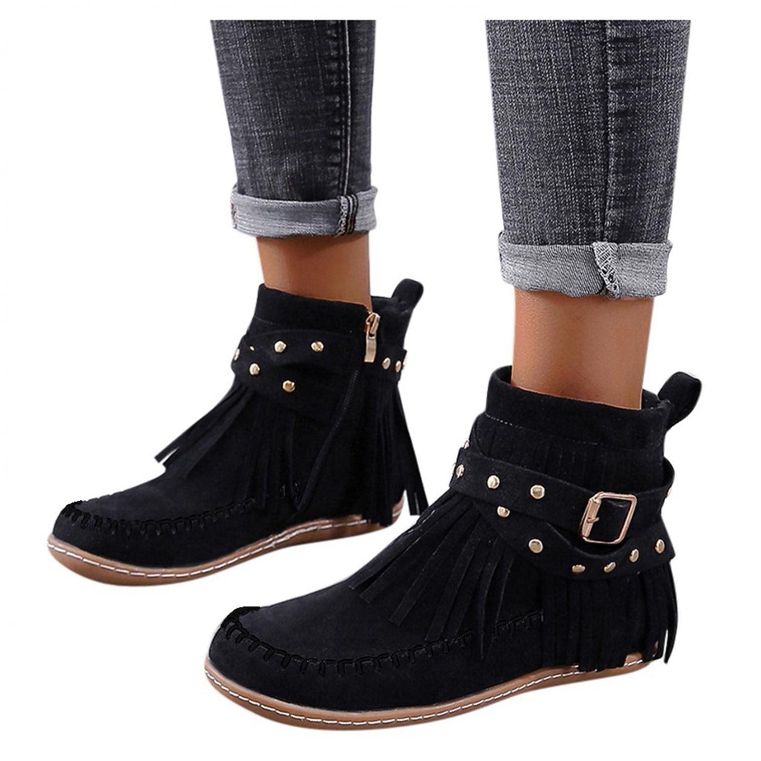 Hbeyliaboho Boots For Women Vintage Casual Tassel Fringe Suede